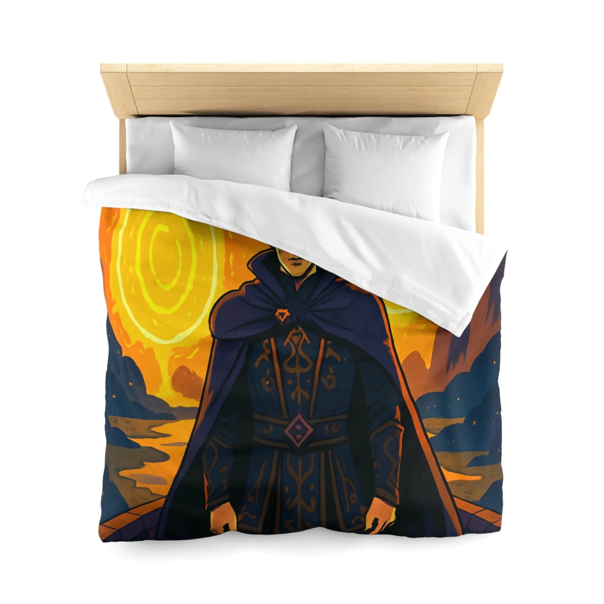 Housse de couette fantastique avec sorcier et portails lumineux dans paysage nocturne magique