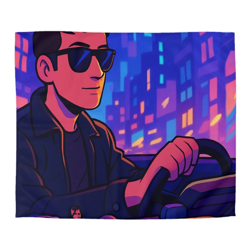 Housse de couette avec illustration rétro taxi urbain style néon pour chambre moderne