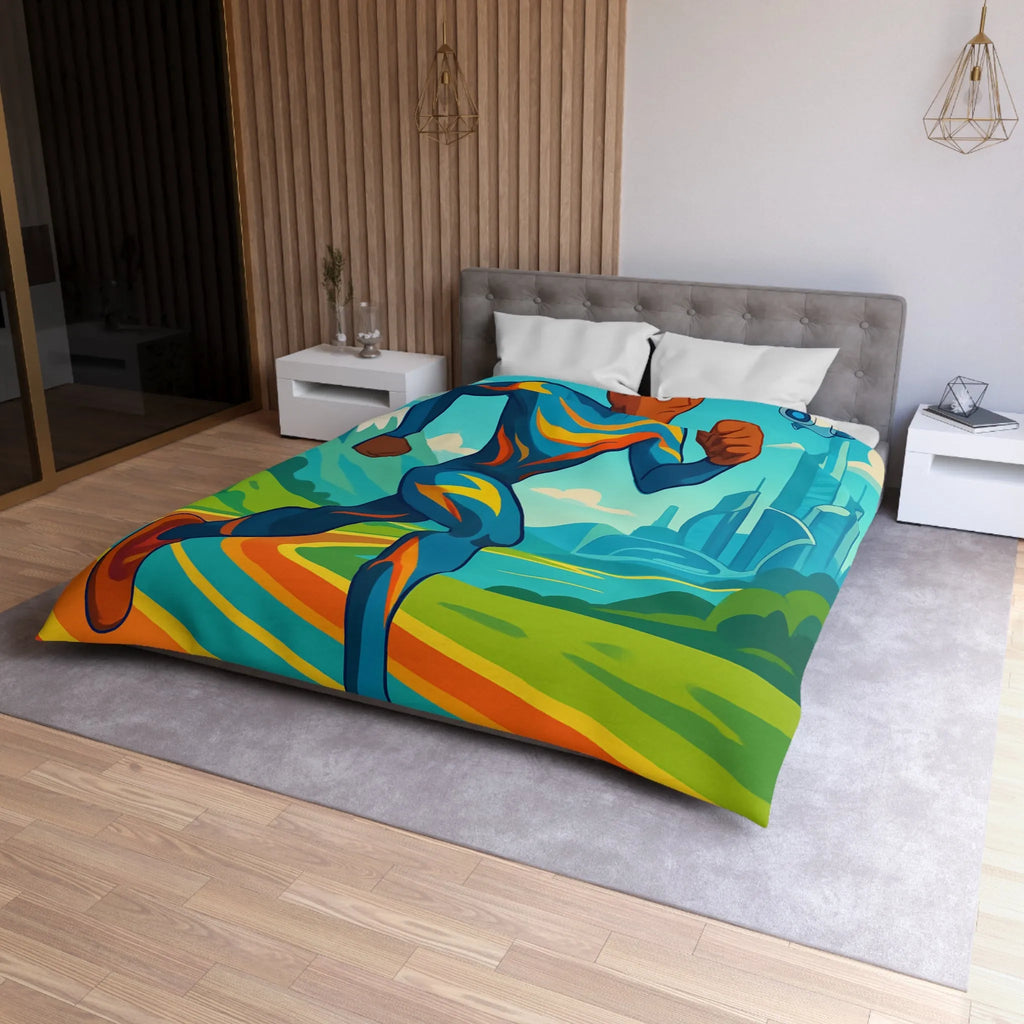 Housse de couette colorée pour chambre futuriste avec coureur et drones volants