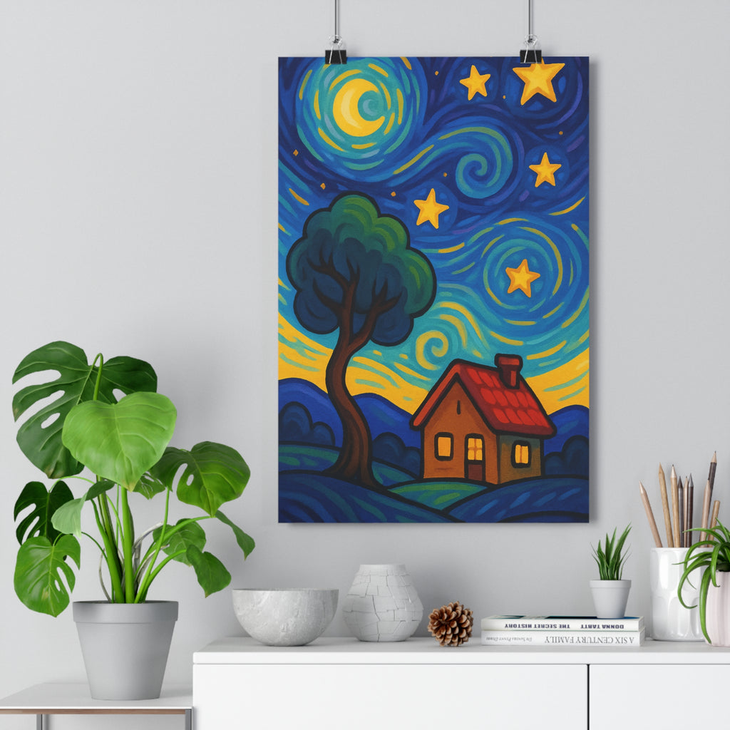 Poster décoratif dessin animé bleu jaune vert nuit étoilée chambre salon ambiance joyeuse rêveuse