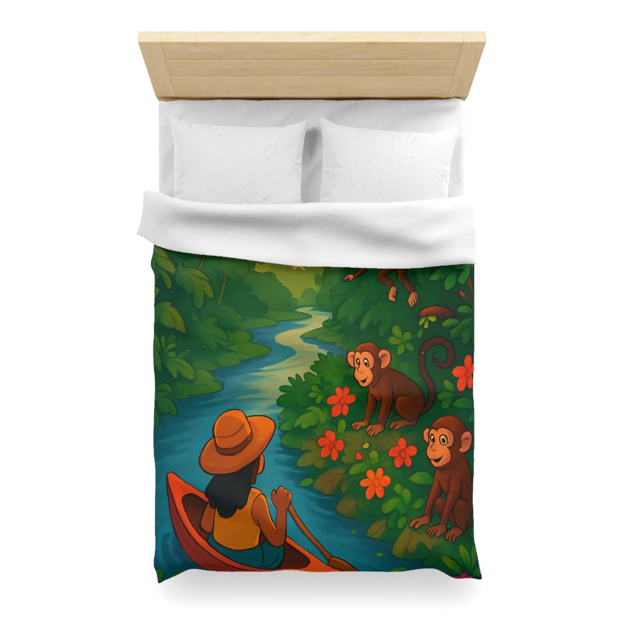 Housse de Couette Jungle avec Singes et Femme en Canot sur Rivière Tropicale