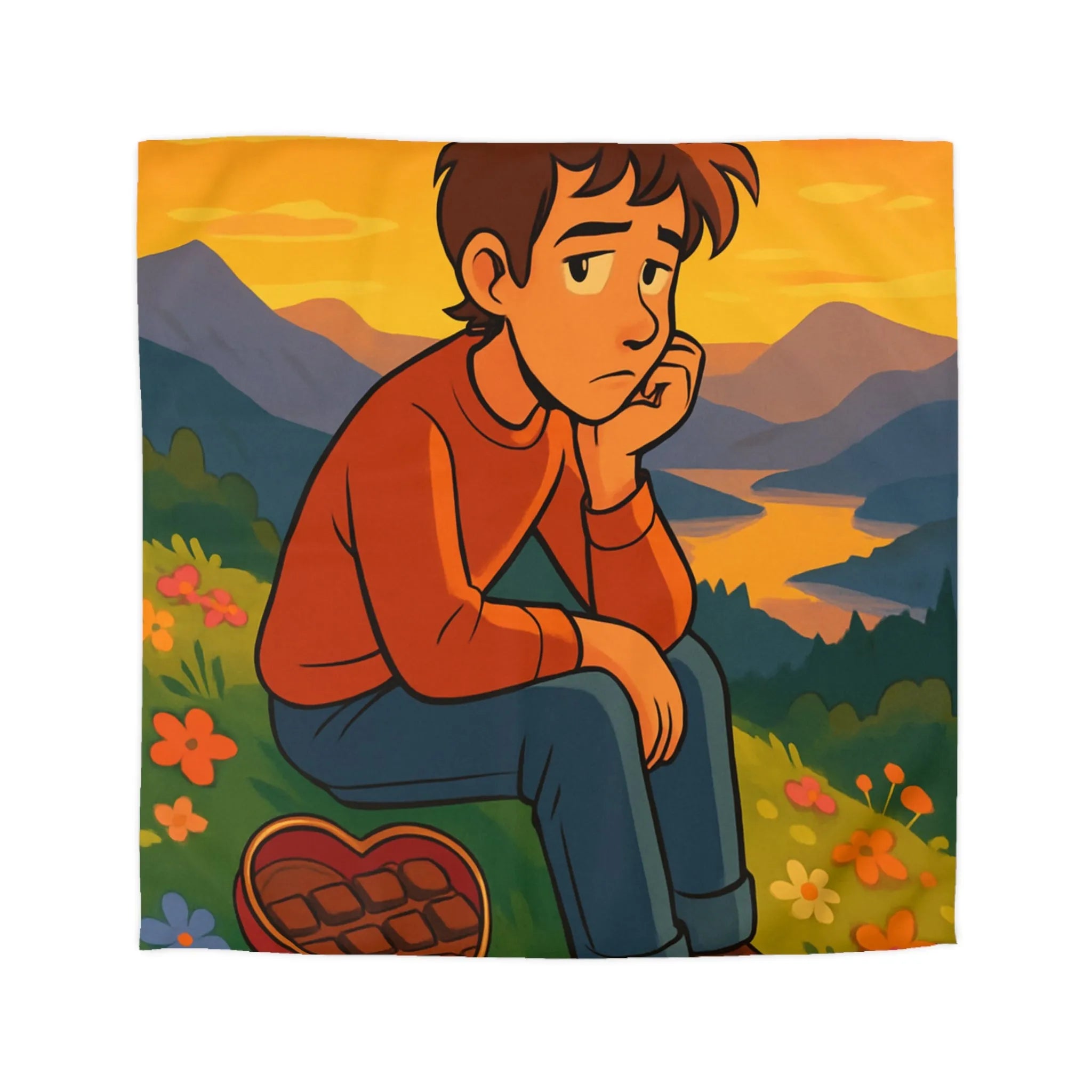 Housse de Couette Illustrée: Paysage Coloré avec Personnage Réfléchi et Coeur en Chocolat