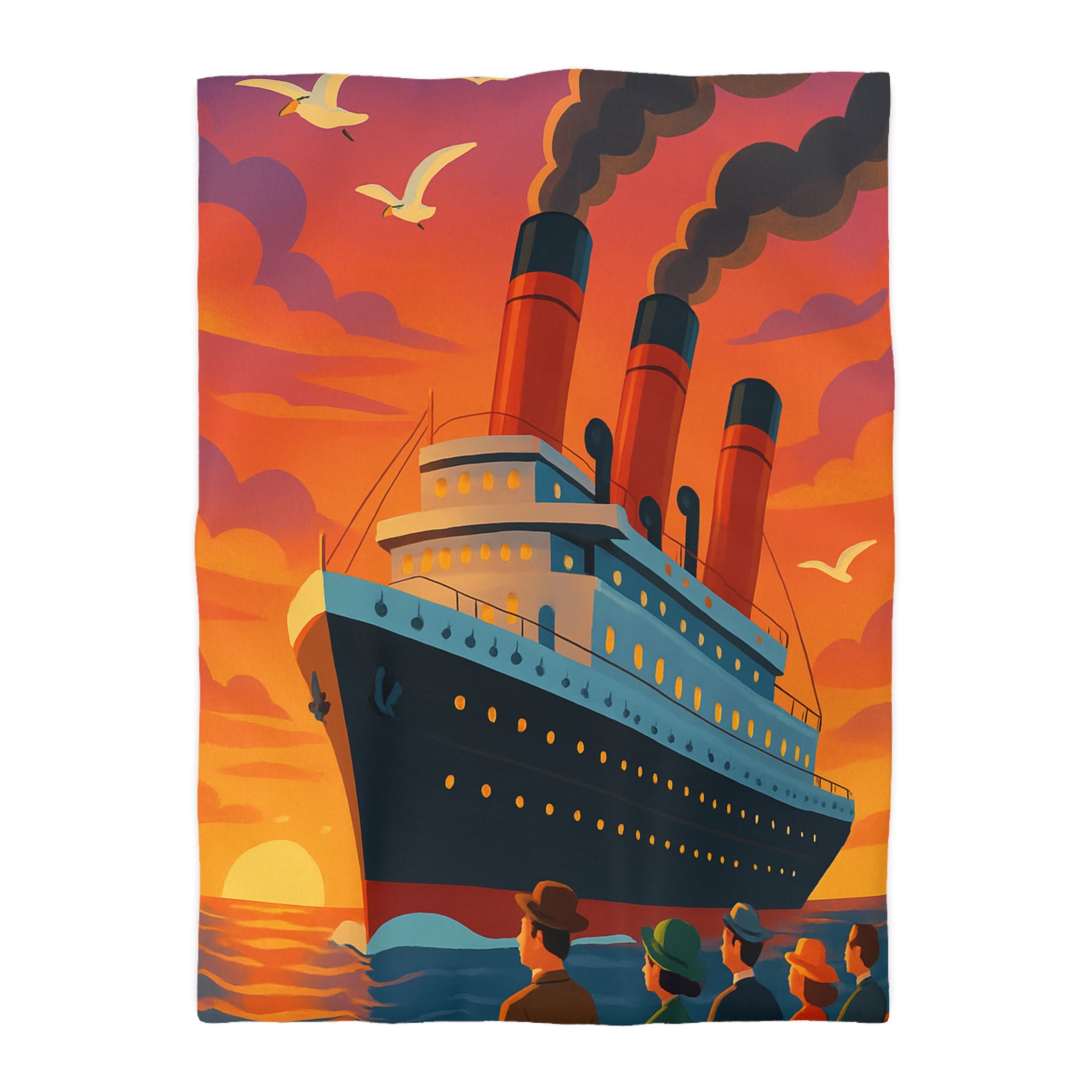 Superbe housse de couette avec paquebot vintage sous un coucher de soleil flamboyant