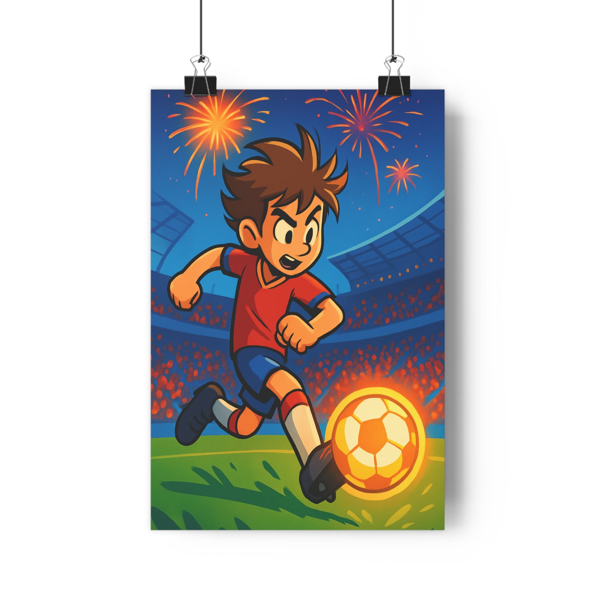 Poster décoratif cartoon football rouge bleu joueur dynamique chambre enfant vibrant festif moderne tendance