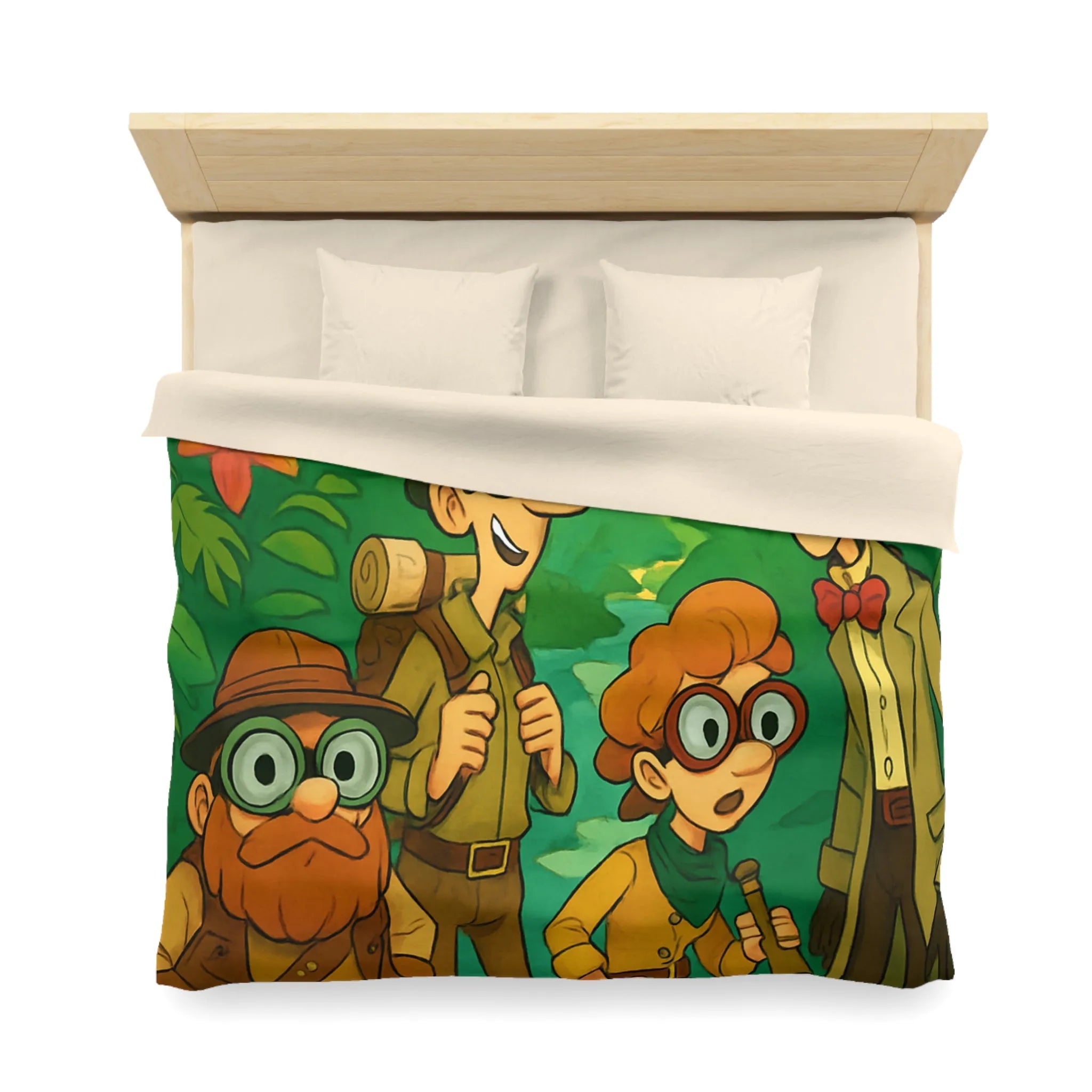 Housse de couette jungle colorée avec explorateurs, perroquet et singe aventureux