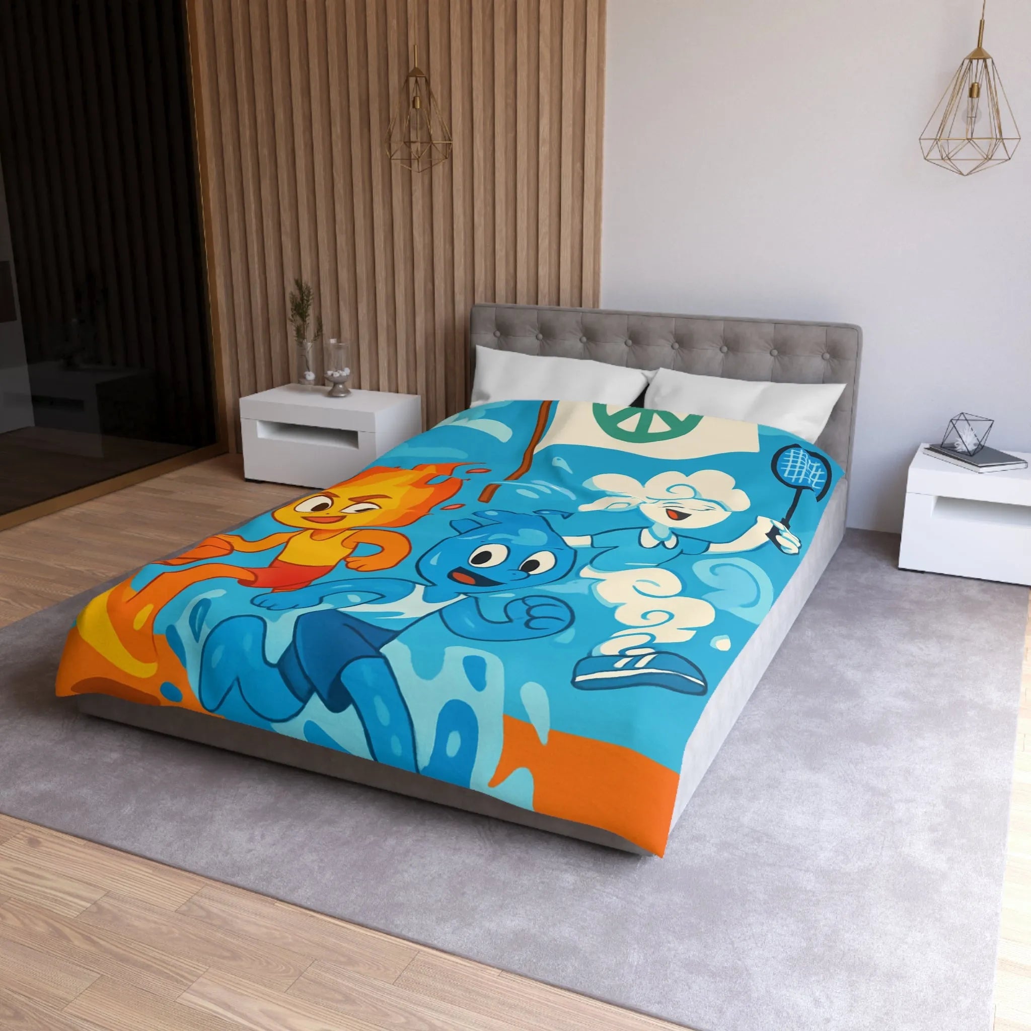 Housse de couette colorée avec motifs d’éléments sportifs et symbole de paix