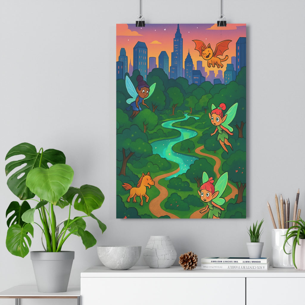 Poster décoratif style cartoon forêt luxuriante magique coloré fées enfants chambre moderne ambiance enchantée