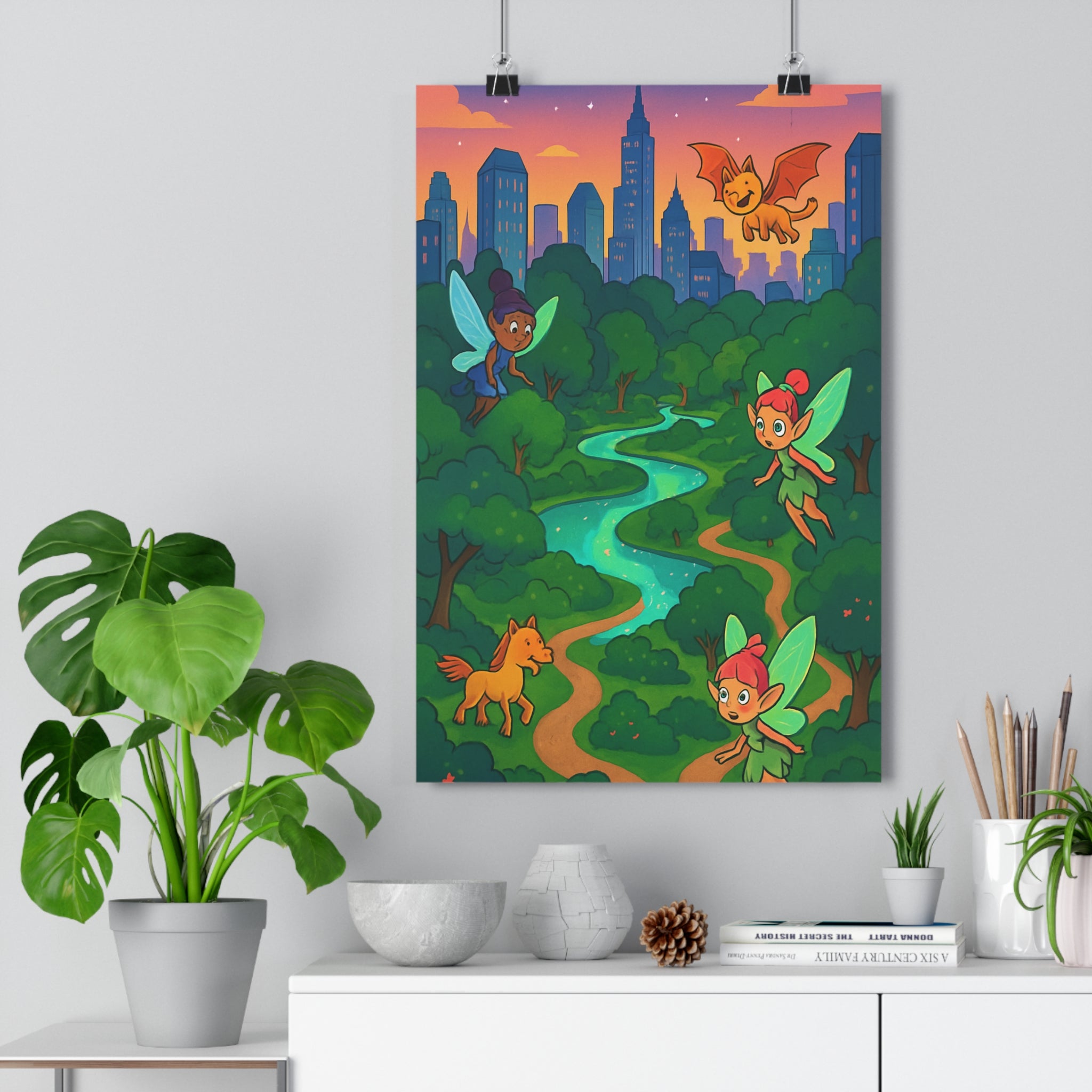 Poster décoratif style cartoon forêt luxuriante magique coloré fées enfants chambre moderne ambiance enchantée