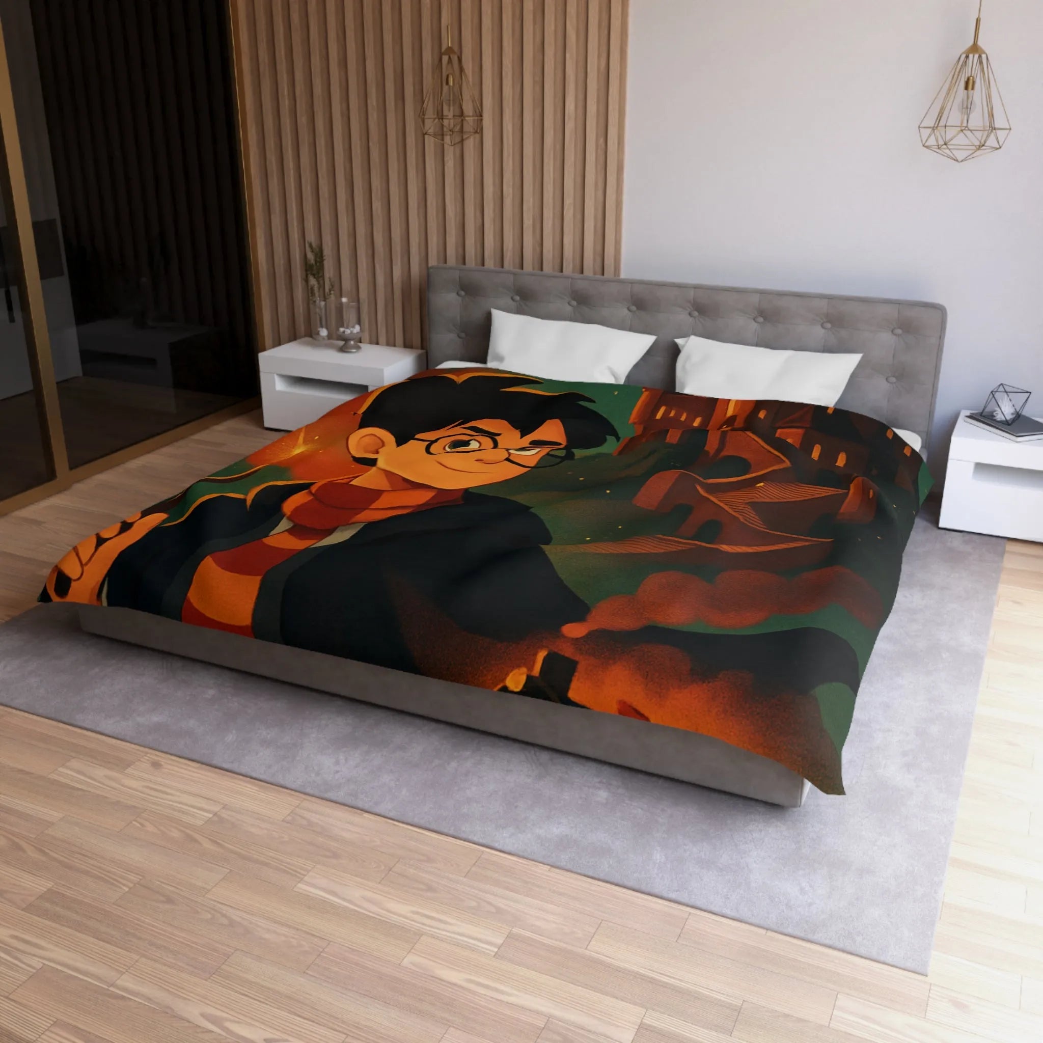 Housse de couette magique avec jeune sorcier, hibou, château et train en fond