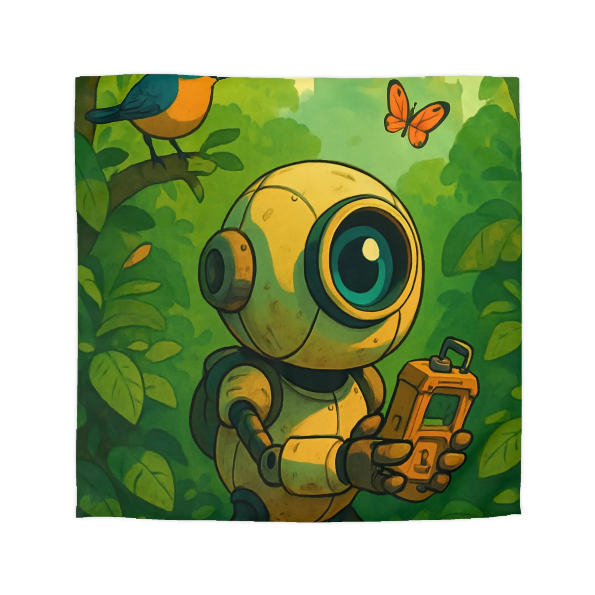 Housse de couette ludique avec robot curieux dans une forêt verdoyante et magique
