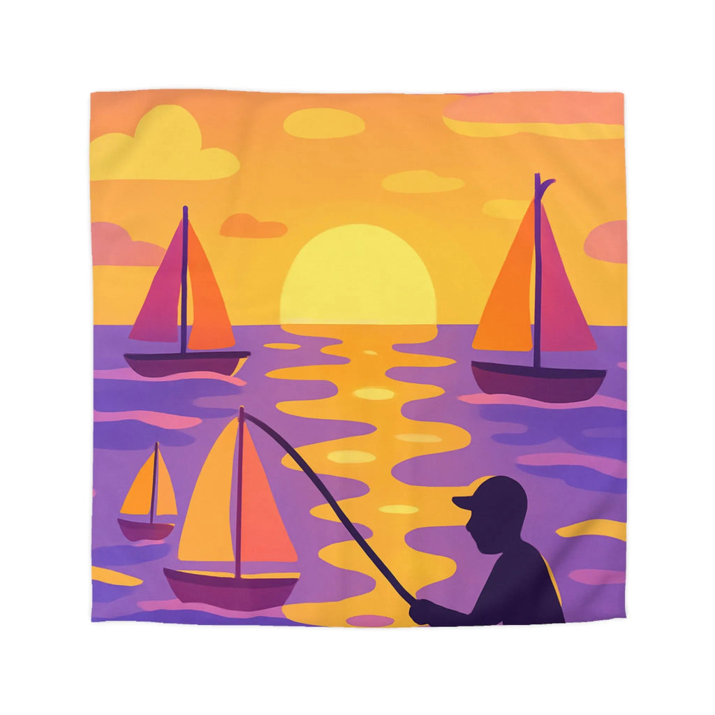 Housse de couette colorée avec voiliers et coucher de soleil magnifique au bord de l'eau