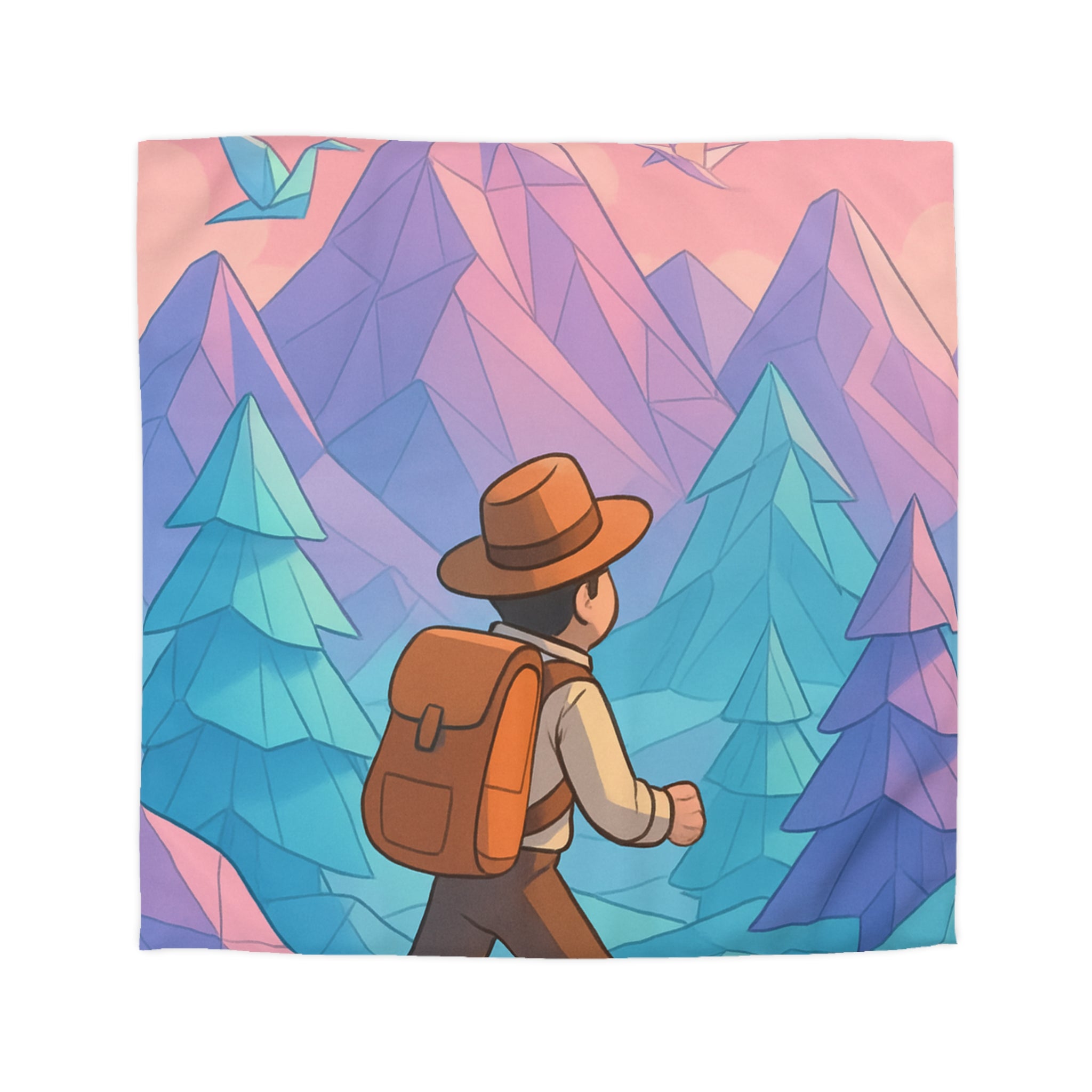 Housse de couette paysage montagnard pastel avec randonneur et oiseaux en origami