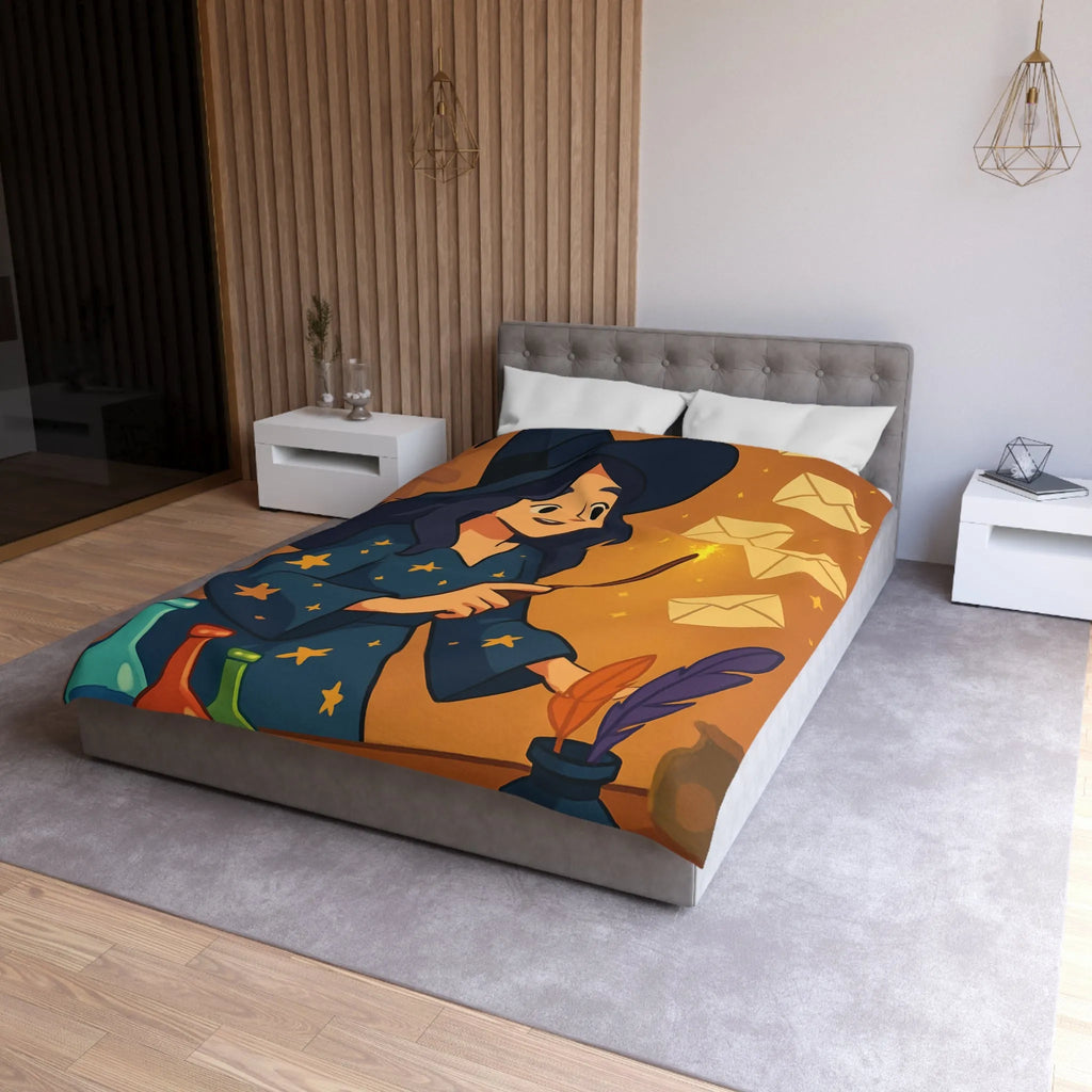 Housse de couette magique avec apprentie sorcière, quill et enveloppes flottantes animées