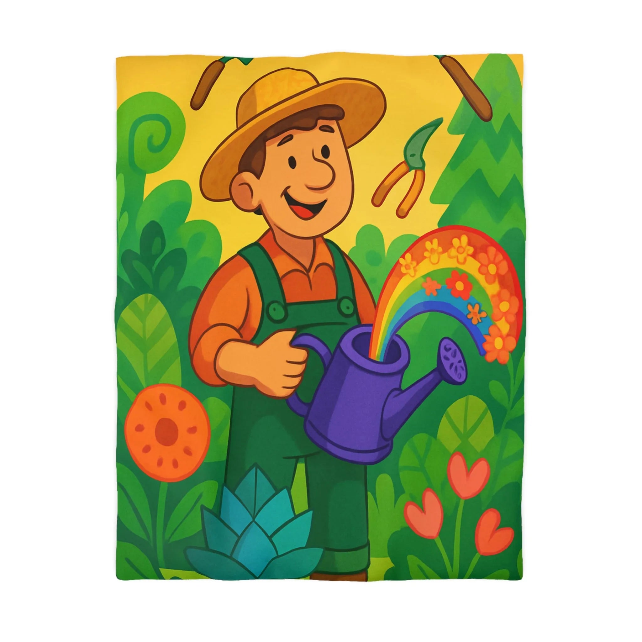 Housse de Couette Colorée avec Dessin Jardinier Arrosant des Fleurs et Arc-en-Ciel