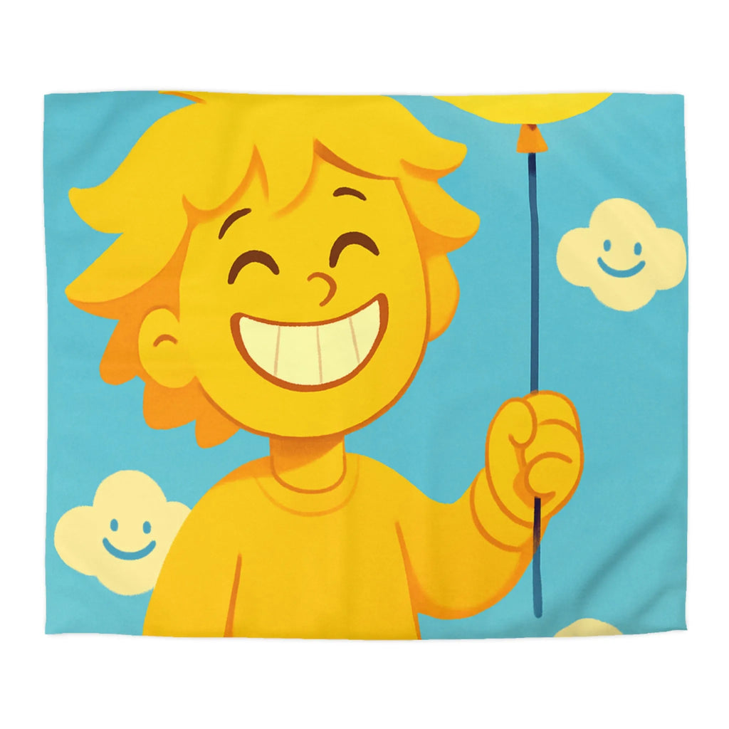Housse de Couette Enfantine avec Ballon et Nuages Sourires dans Tons Jaunes et Bleus