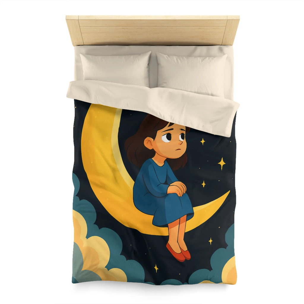 Housse de couette avec lune jaune, ciel étoilé et fille pensive en bleu
