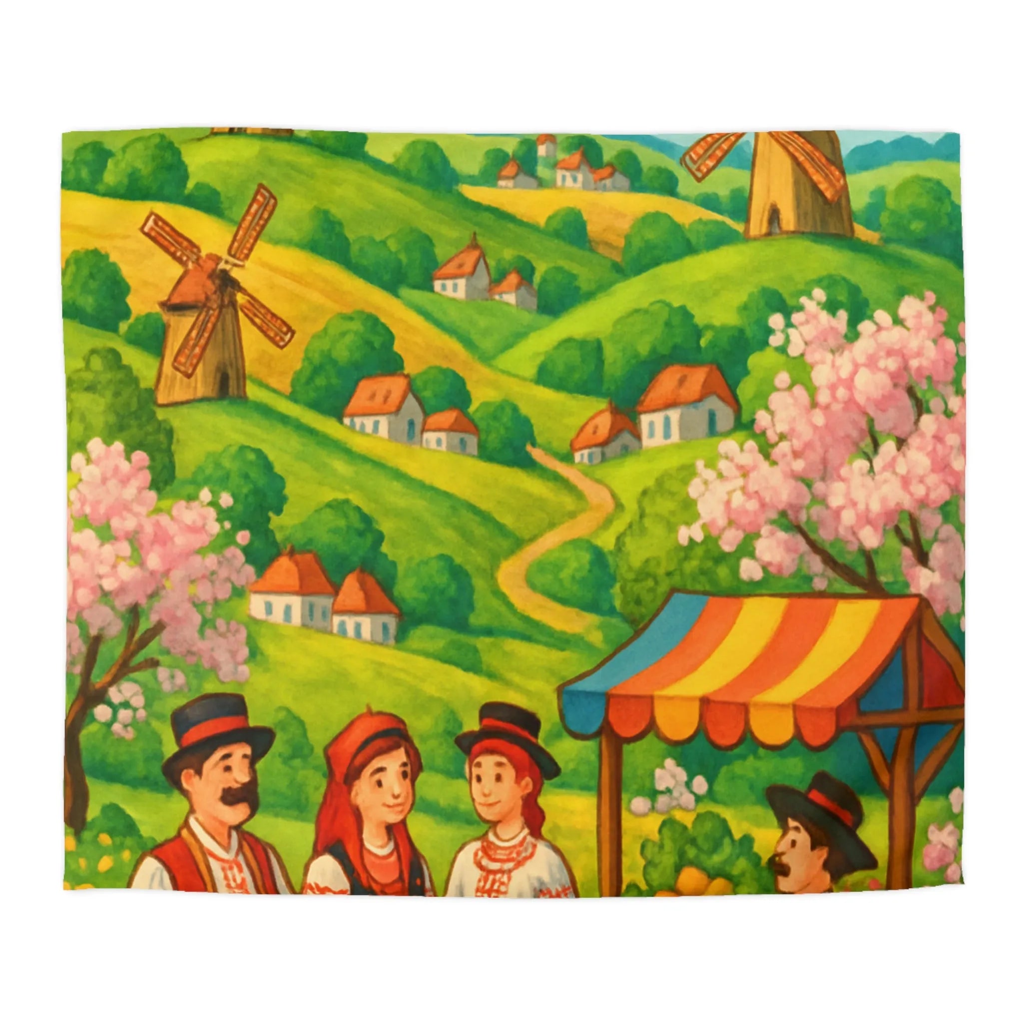Housse de couette avec village champêtre, moulins et marché aux couleurs vives