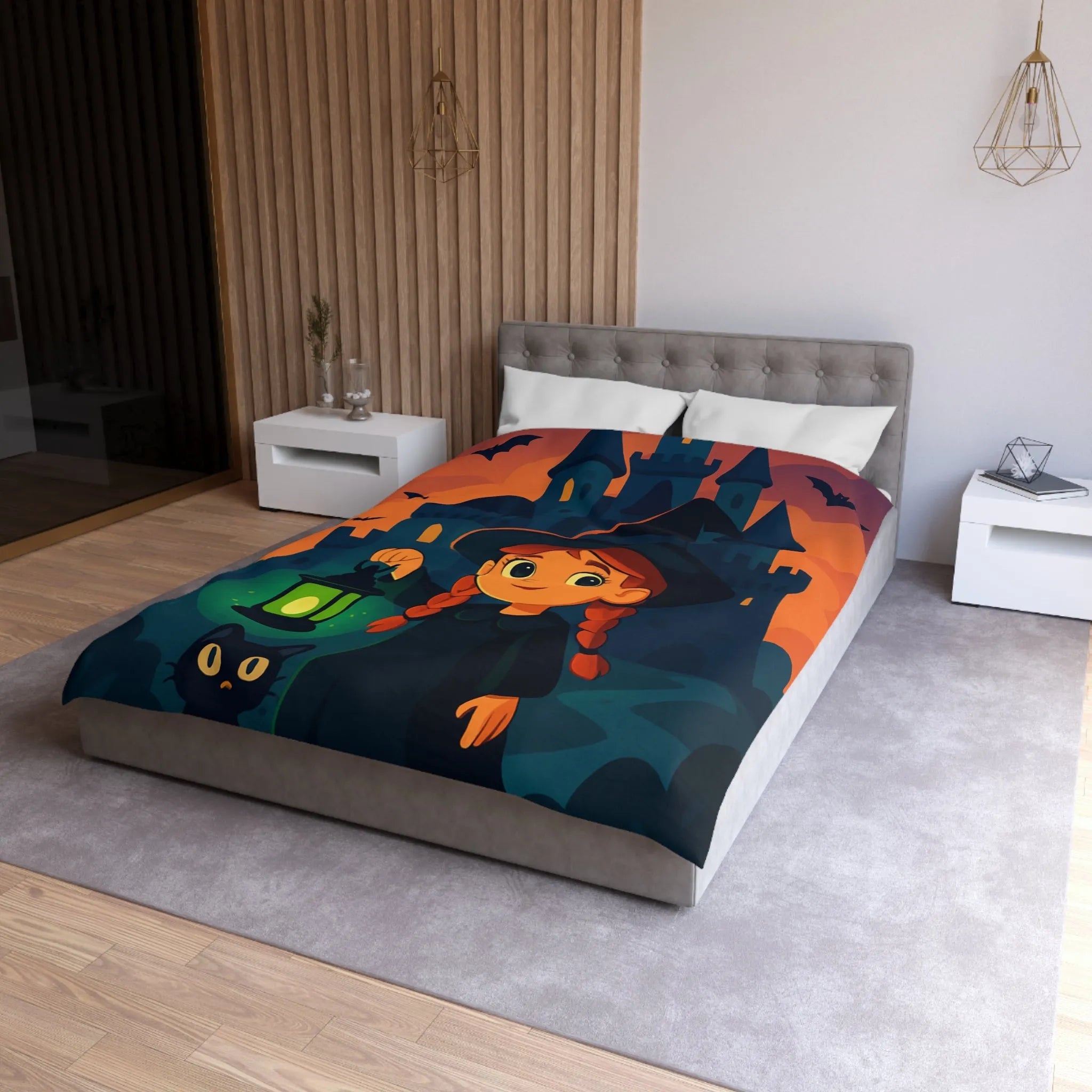 Housse de couette enfant avec sorcière, château, chauves-souris et chat noir
