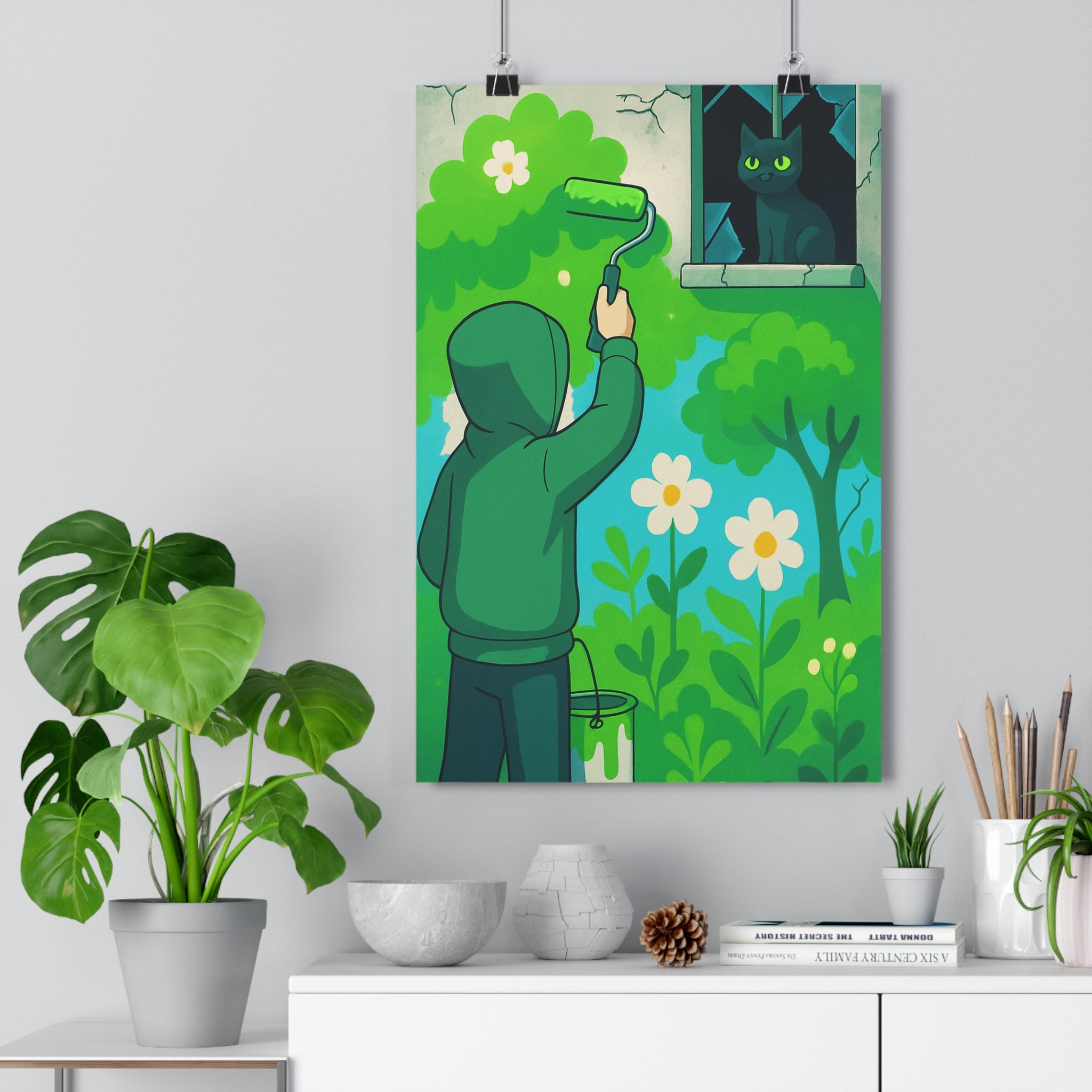 Poster décoratif mystique cartoon vert bleu chambre salon artistique intrigant moderne ambiance captivante mur