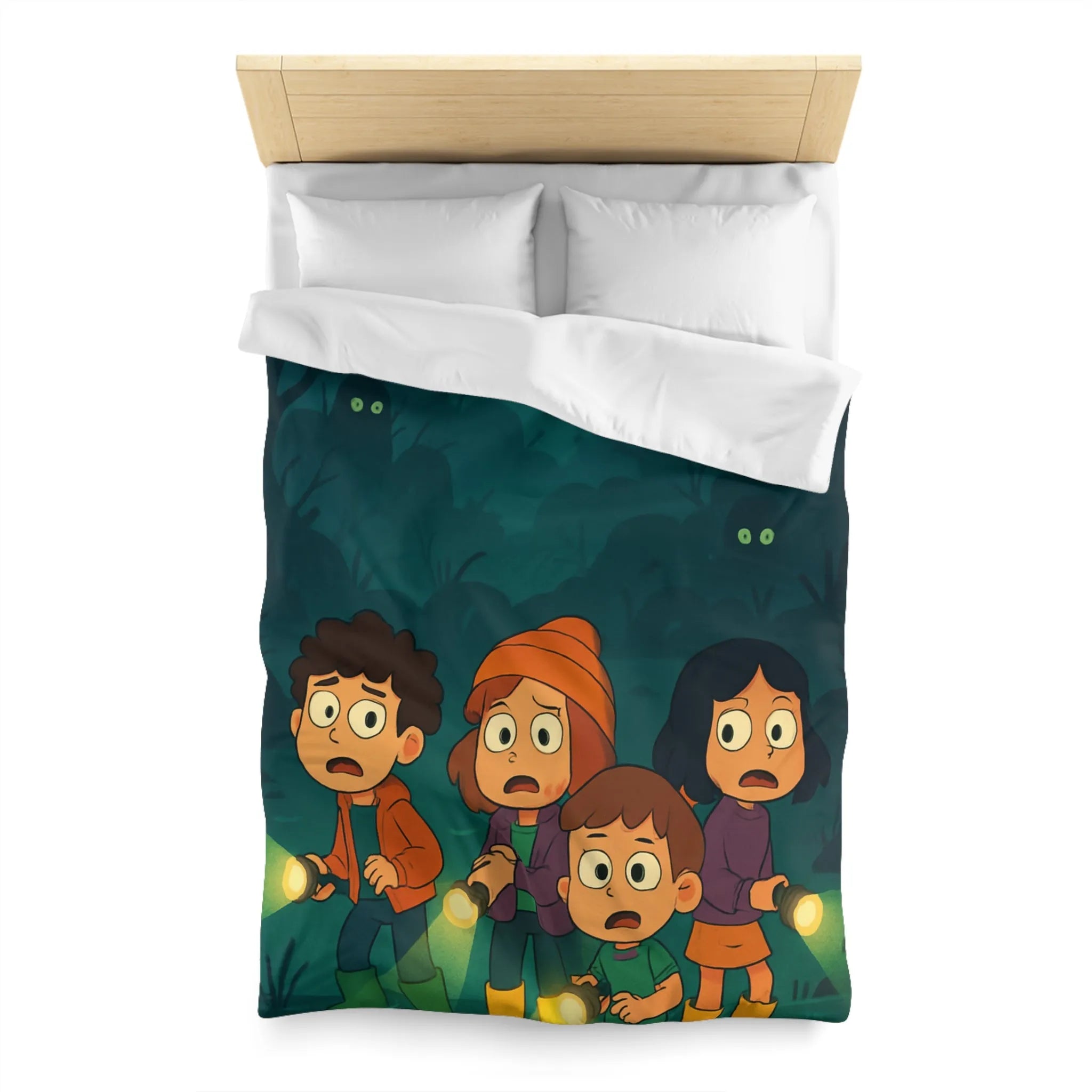 Housse de couette illustrée avec enfants explorant forêt mystérieuse par nuit de pleine lune