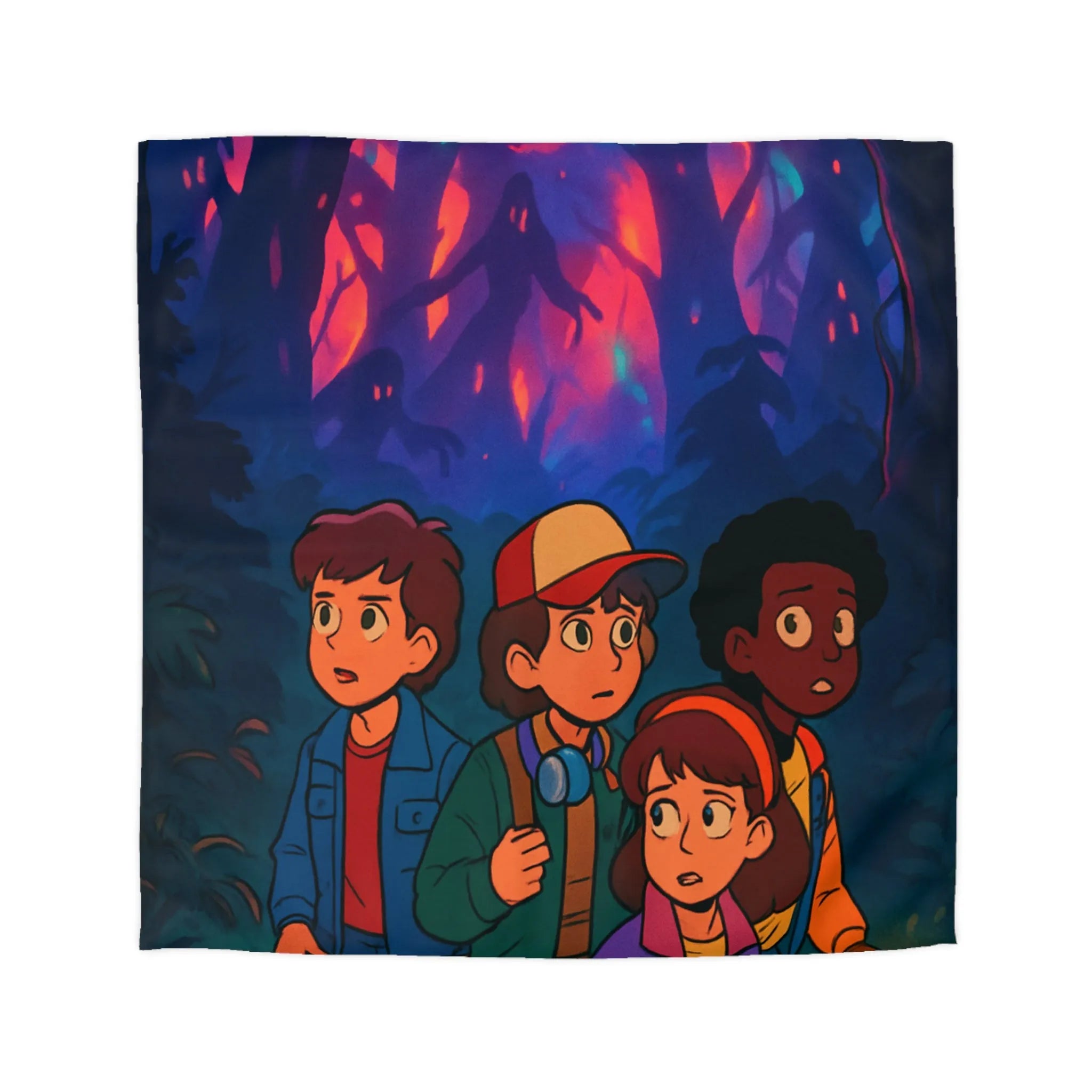 Housse de couette colorée avec enfants explorant une forêt mystérieuse sous ciel étoilé