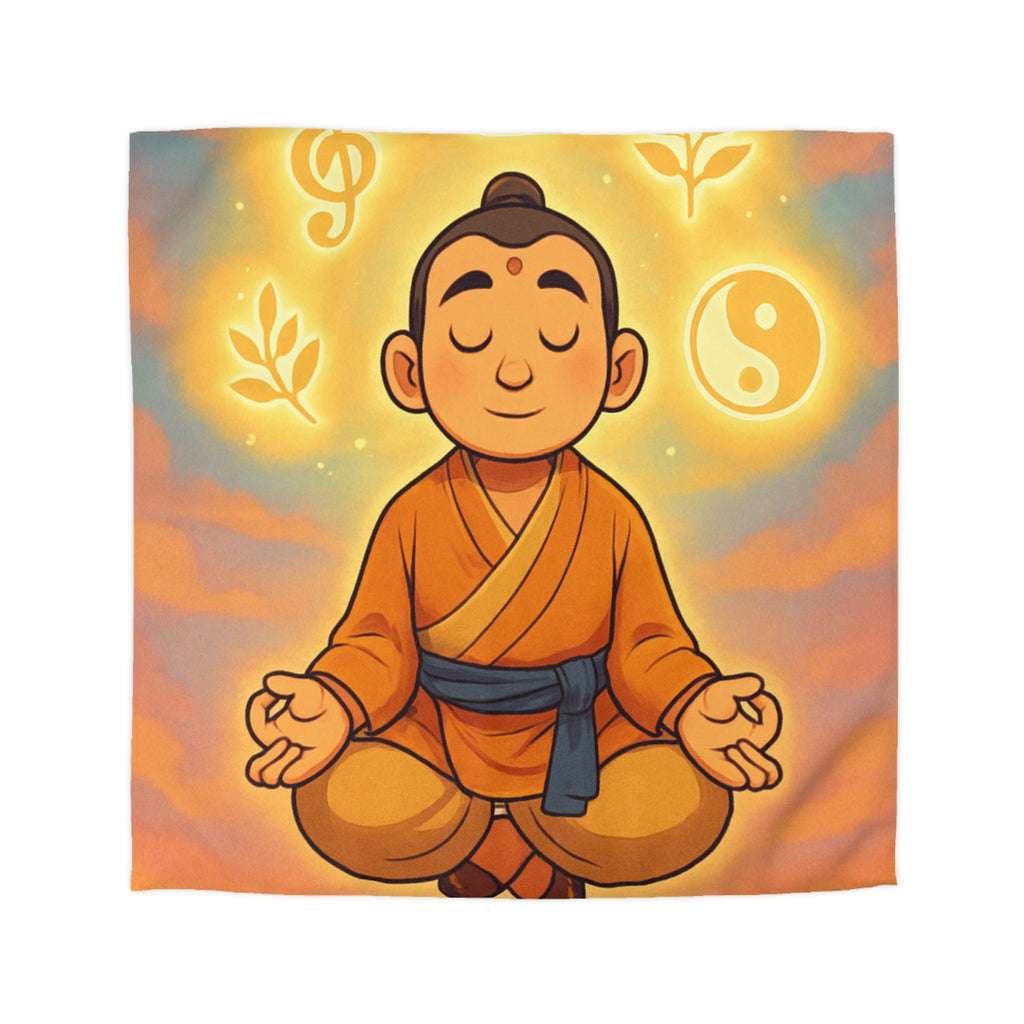 Housse de couette zen avec méditation, symboles spirituels, orange et bleu apaisant