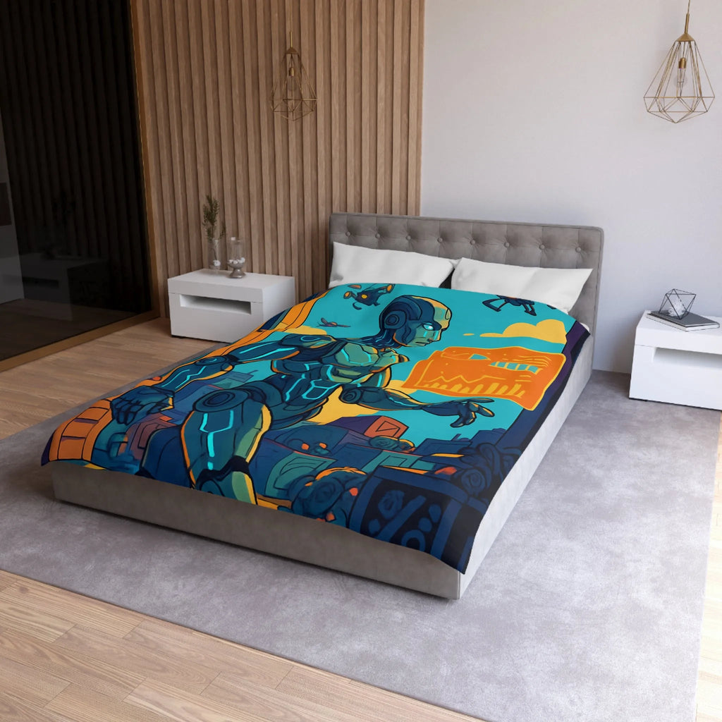 Housse de couette futuriste avec robot et drones, couleurs vives et graphiques modernes