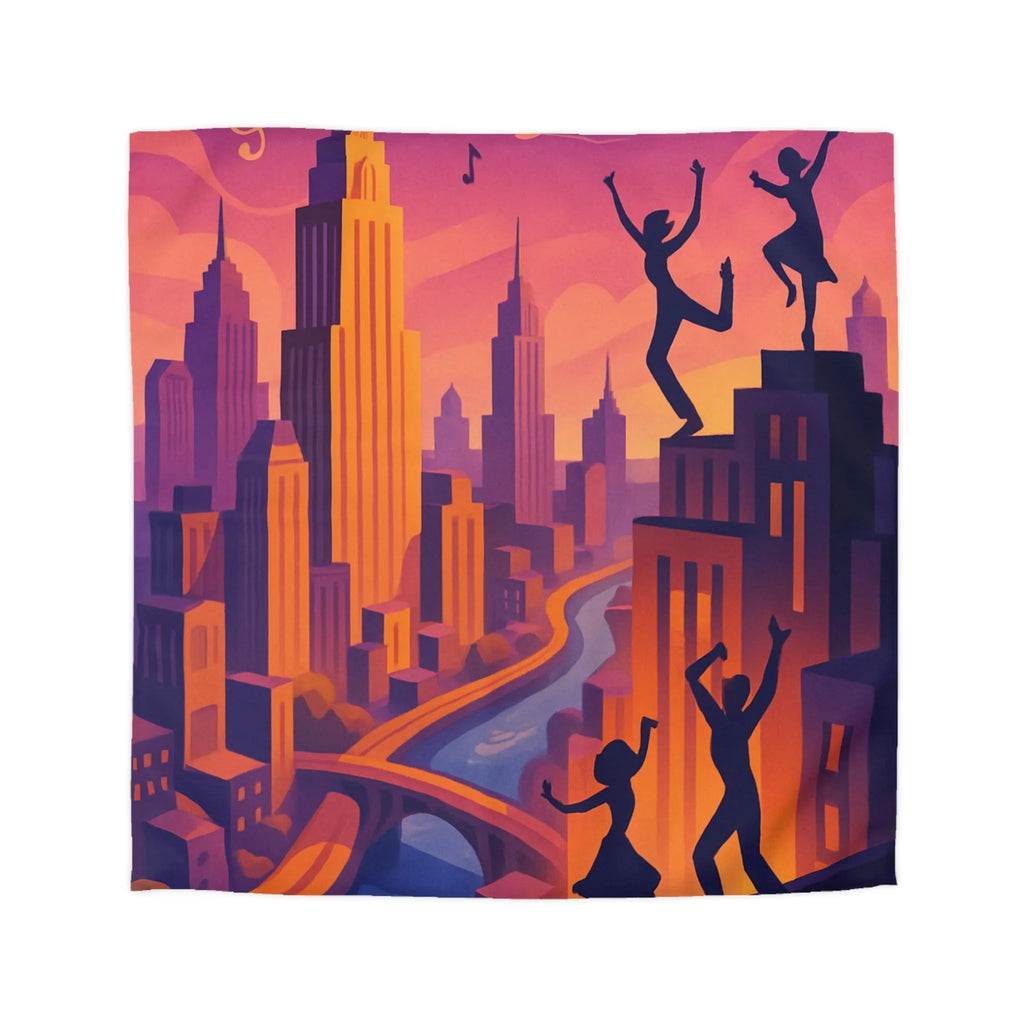 Housse de Couette avec Danseurs et Ville au Coucher de Soleil, Tonalités Vibrantes