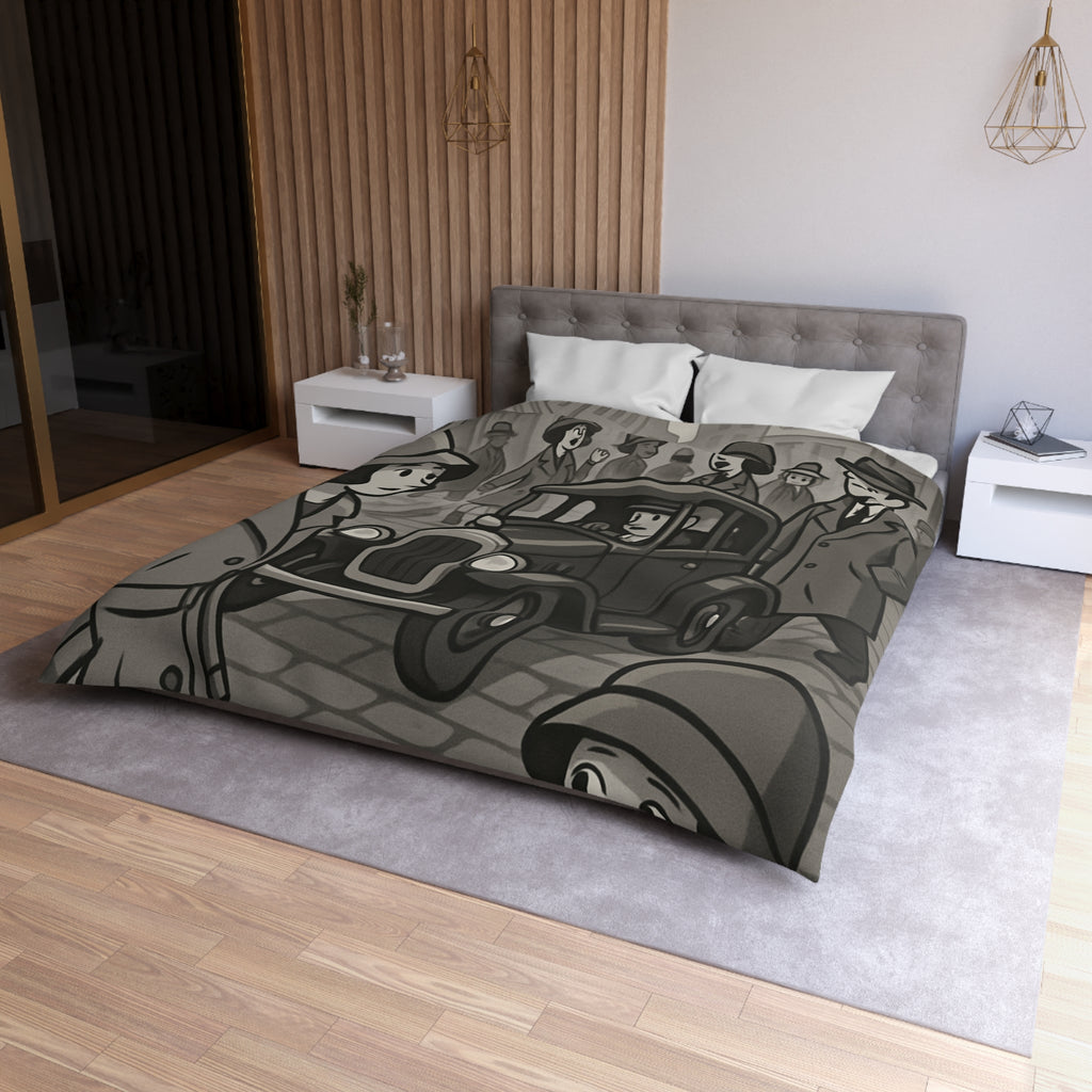 Housse de Couette Vintage avec Rue Animée et Voiture des Années 1930