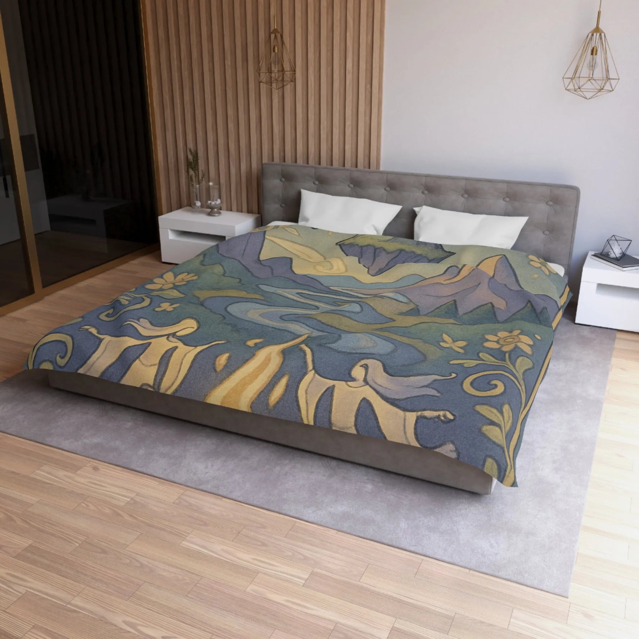 Housse de couette artistique avec montagnes flottantes et paysage féerique sous les étoiles