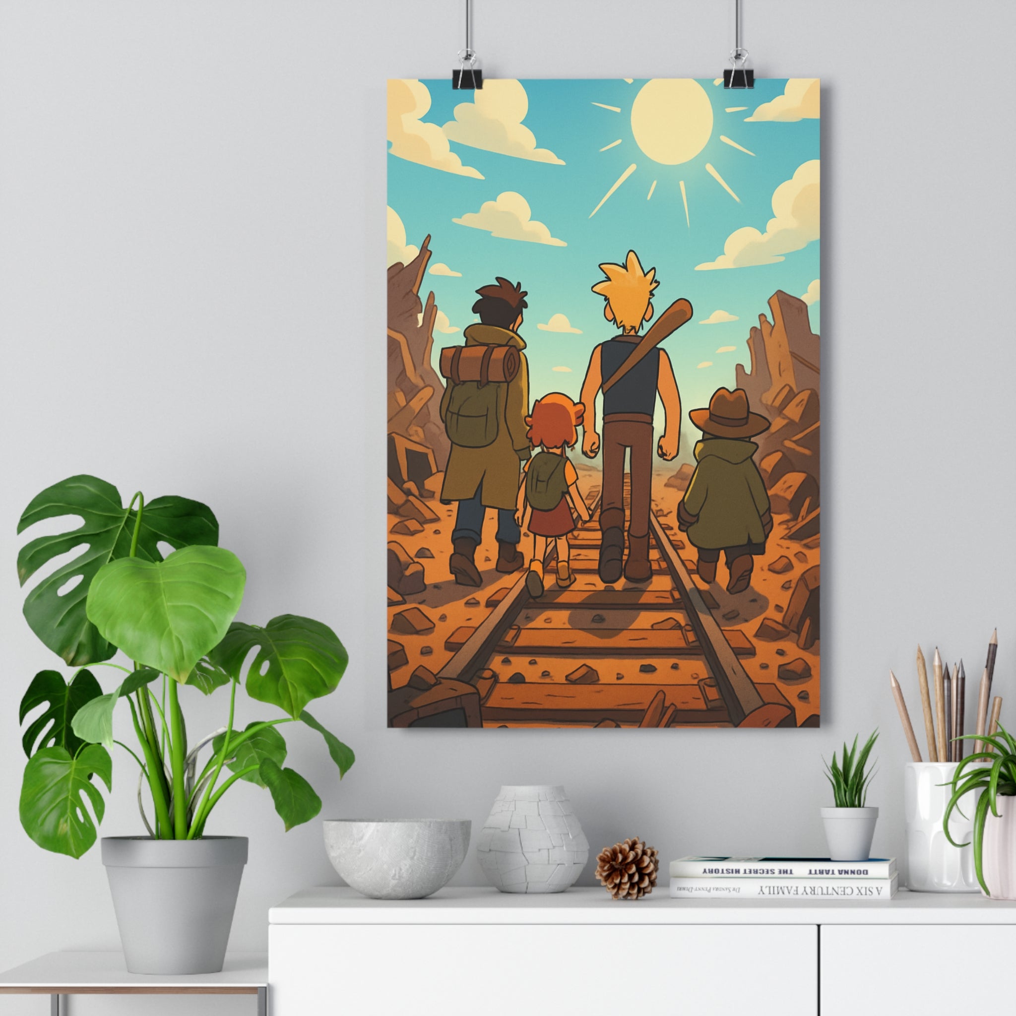 Poster décoratif animé personnages coloré aventure espoir salon chambre vibrant audacieux paysage rocheux lumineux