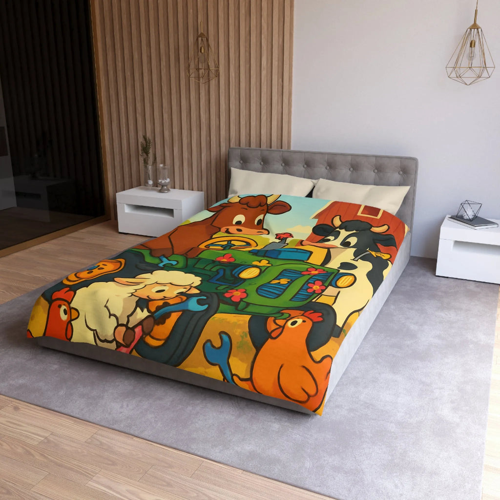 Housse de couette colorée avec animaux amusants à la ferme et tracteur ludique