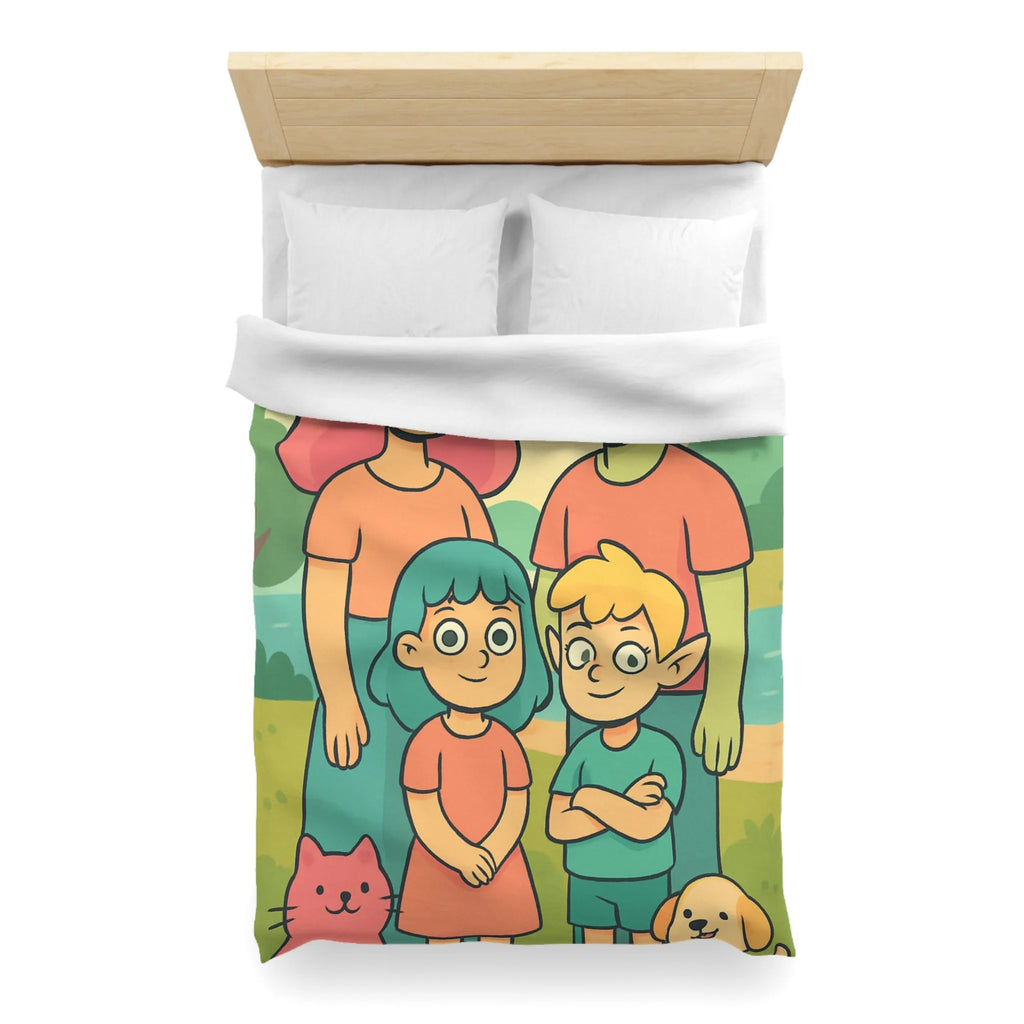 Housse de couette chaleureuse illustrant une famille enchantée et ses animaux compagnons ludiques