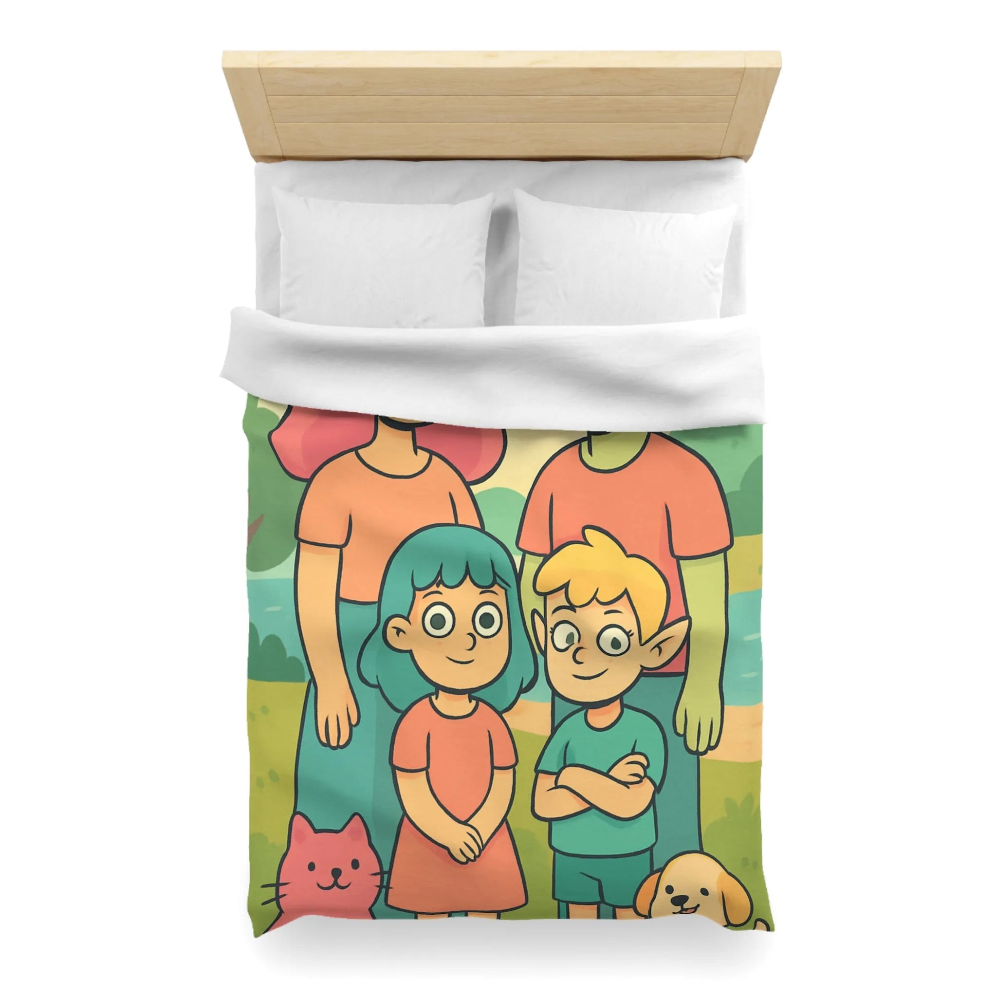 Housse de couette chaleureuse illustrant une famille enchantée et ses animaux compagnons ludiques