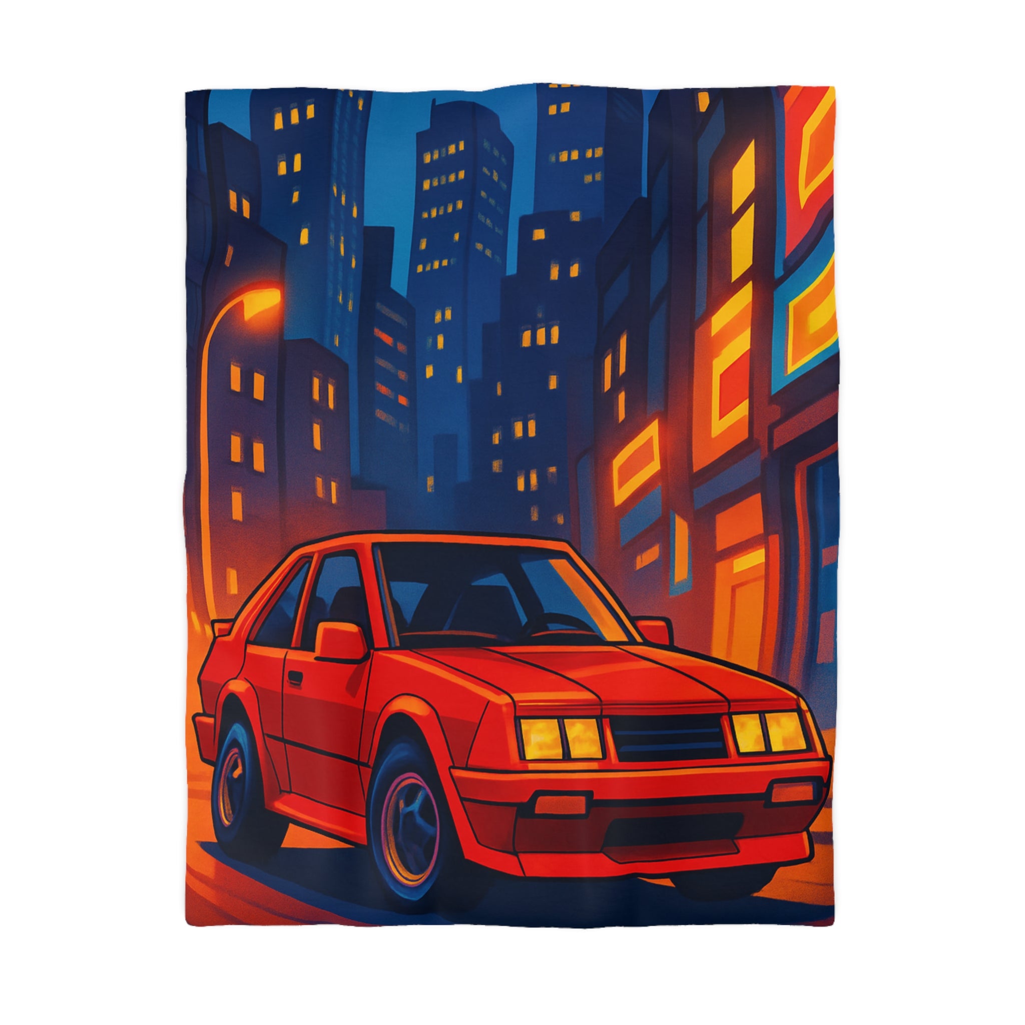 Housse de couette urbaine rétro avec voiture rouge lueur nocturne vibrante