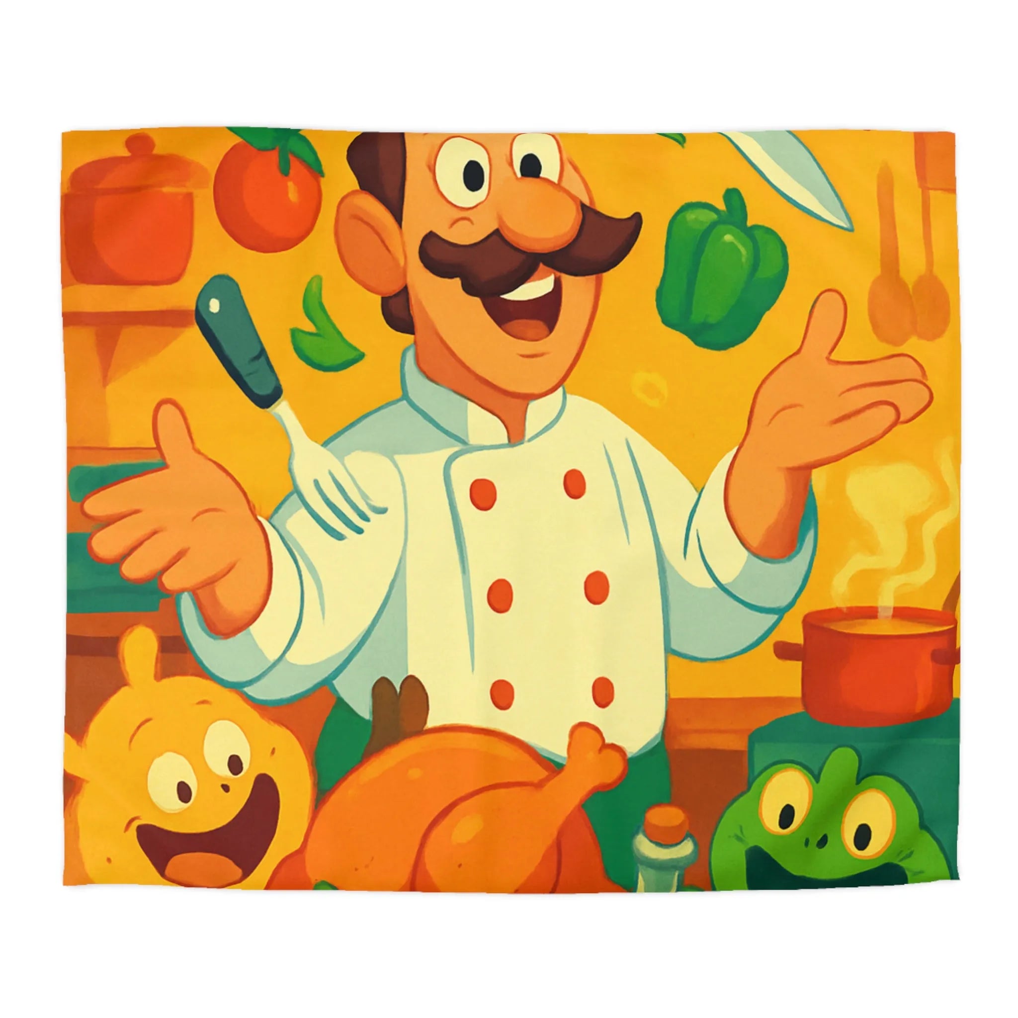 Housse de couette colorée avec chef animé, légumes et ustensiles pour enfants