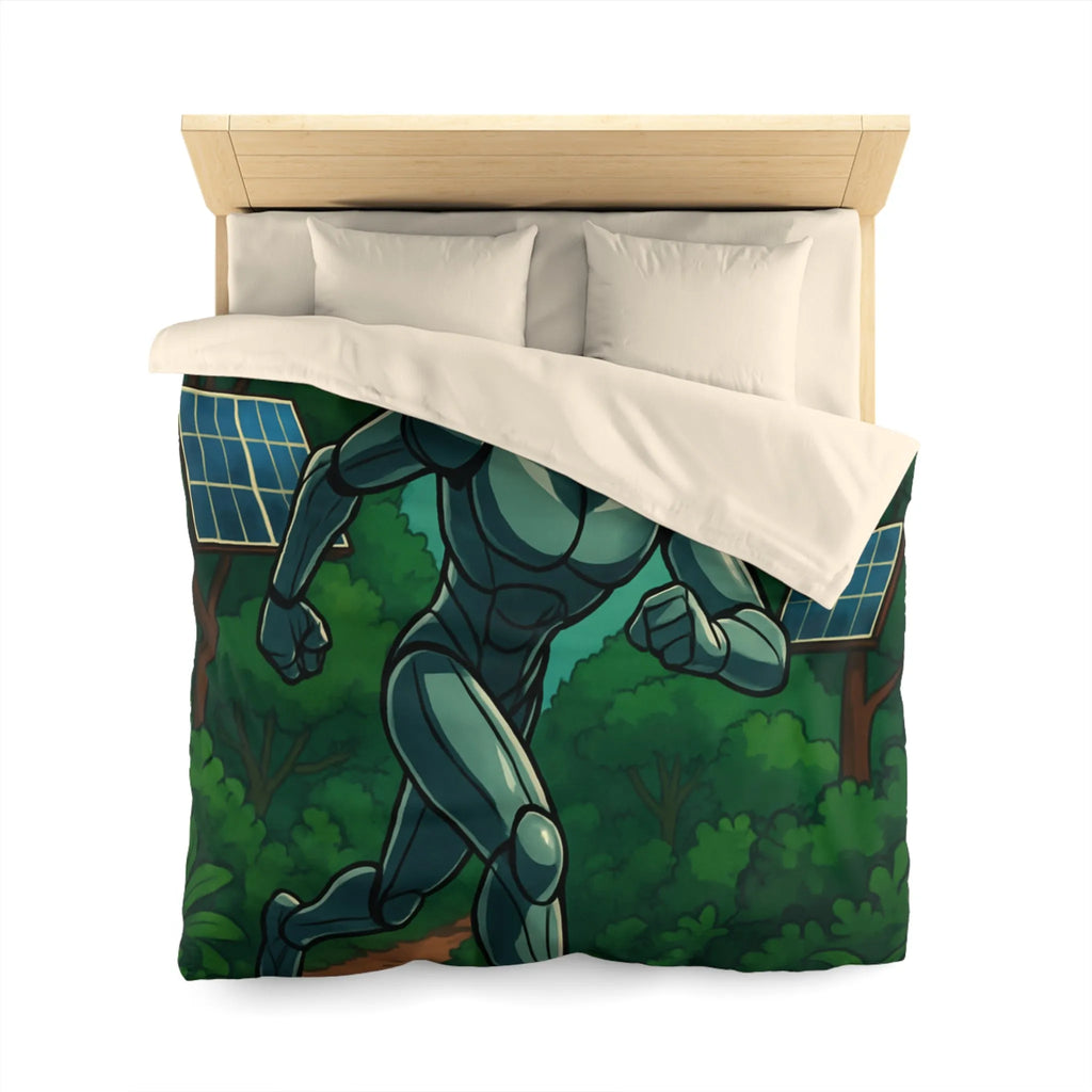 Housse de couette avec robot futuriste courant dans une jungle électrifiée et orageuse