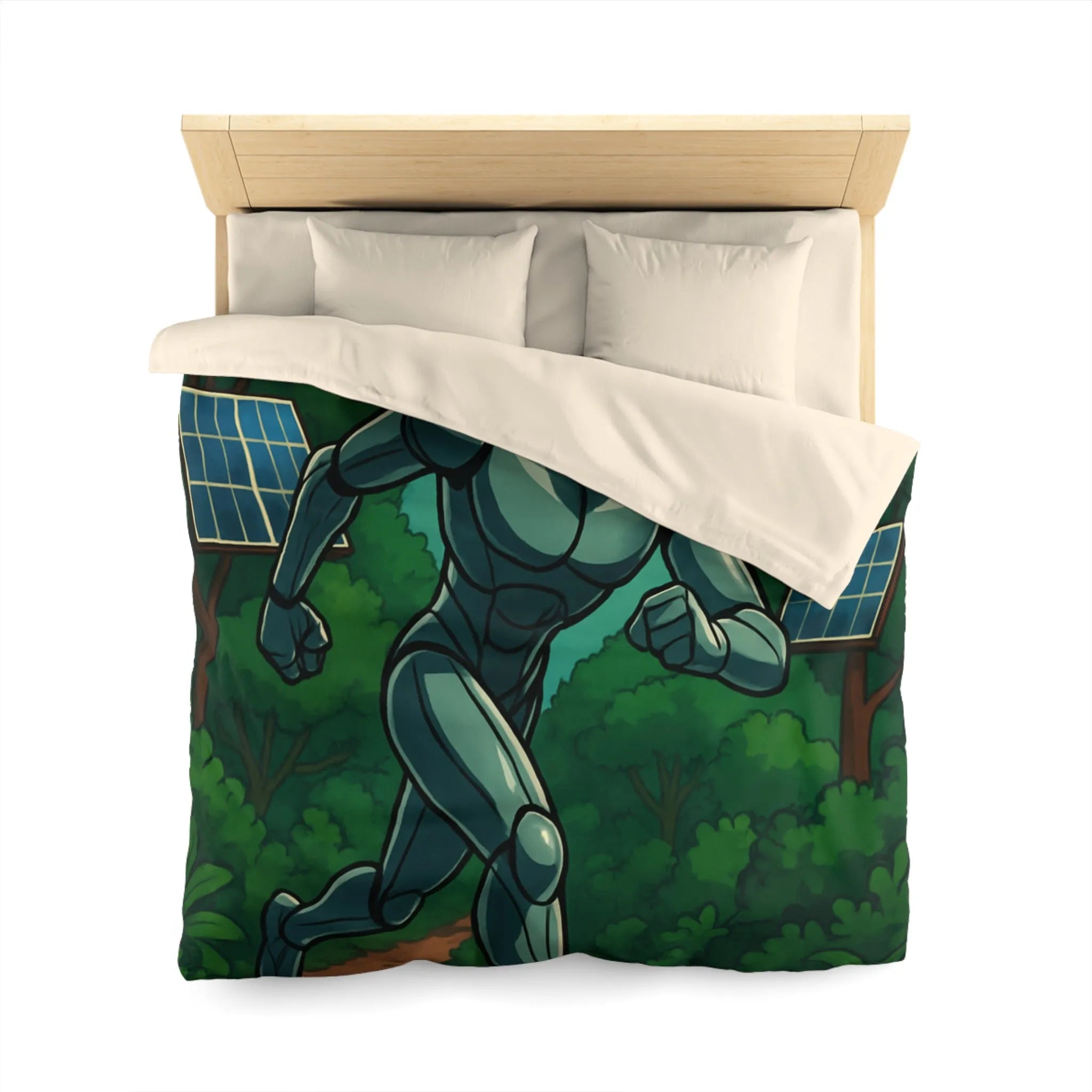 Housse de couette avec robot futuriste courant dans une jungle électrifiée et orageuse