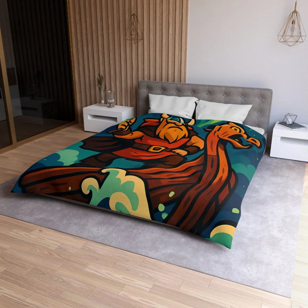 Housse de couette illustrée avec guerrier viking sur drakkar et aurores boréales