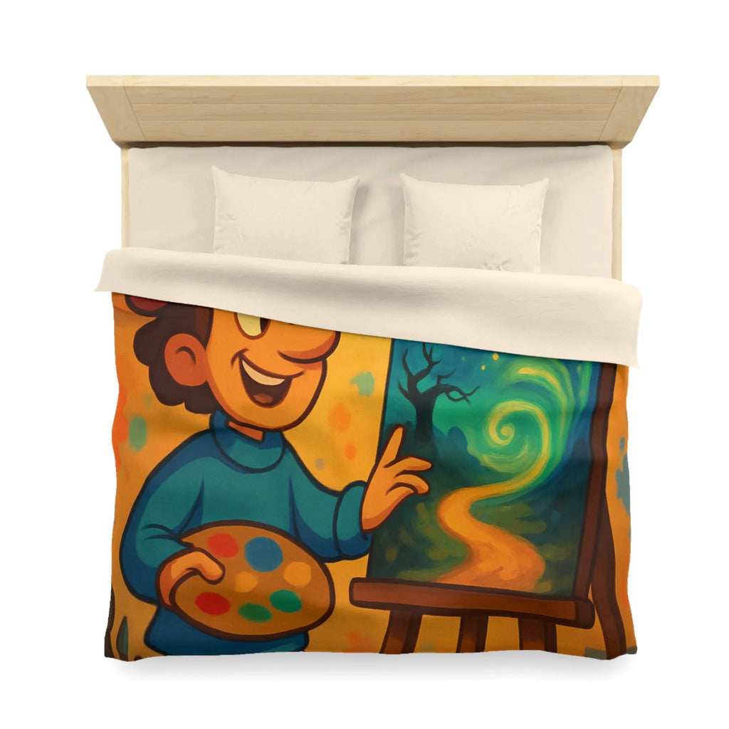 Housse de Couette Colorée avec Peintre Joyeux et Peinture Tourbillonnante Étoilée et Mystique