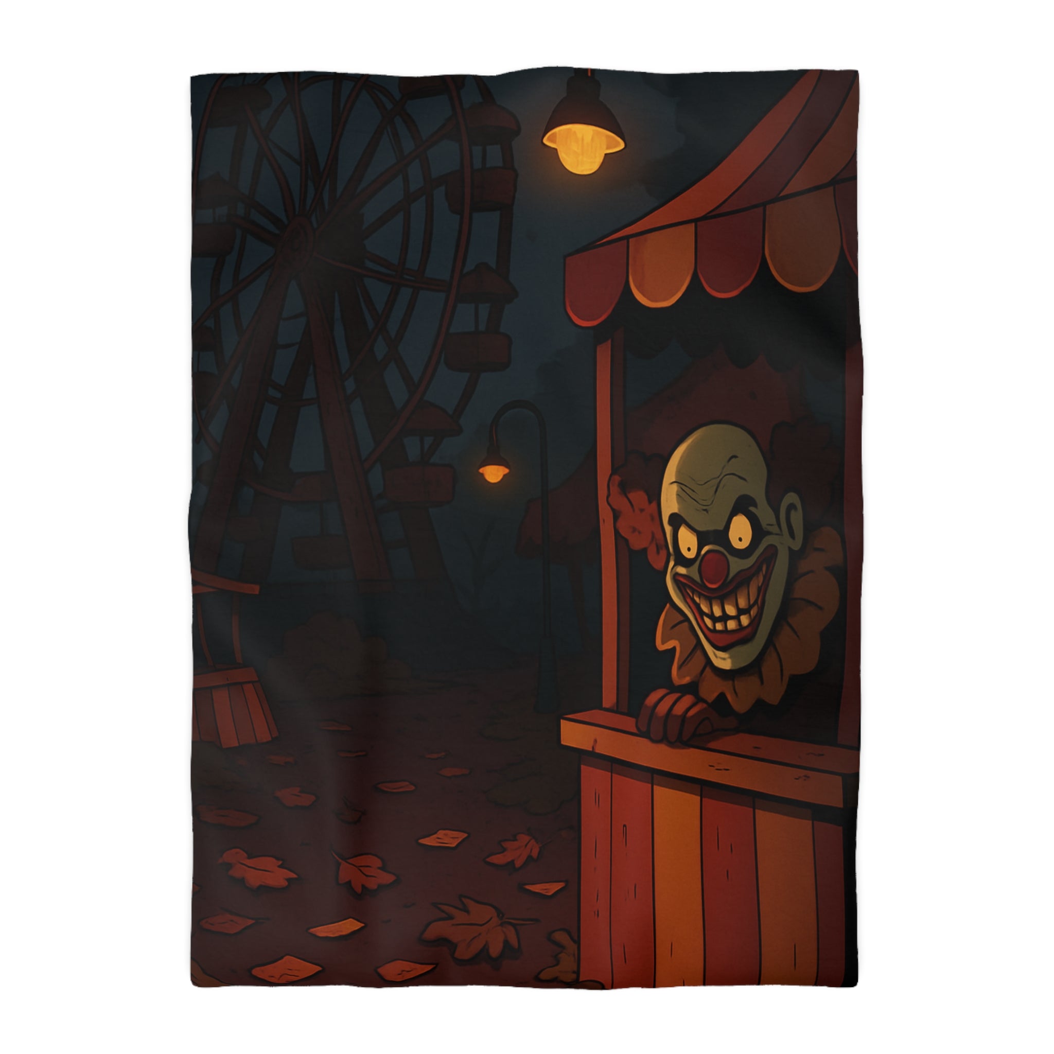 Housse de couette terrifiante avec clown sinistre et grande roue inquiétante la nuit