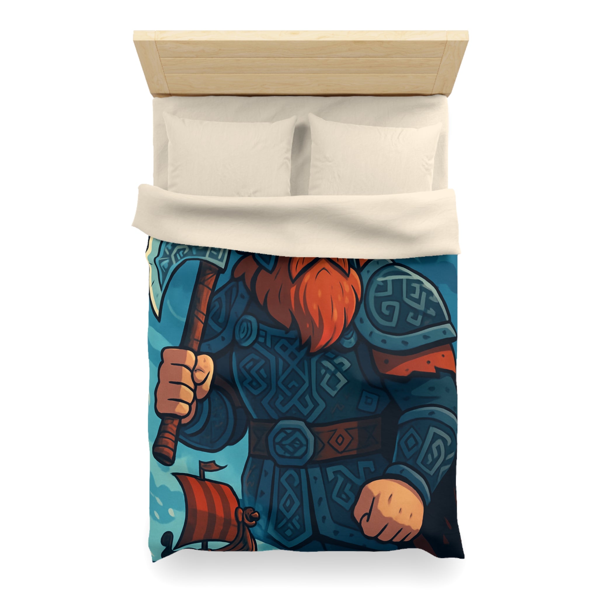 Housse de Couette Viking Illustrée avec Guerrier et Drakkar sur Fond Océan Tempétueux