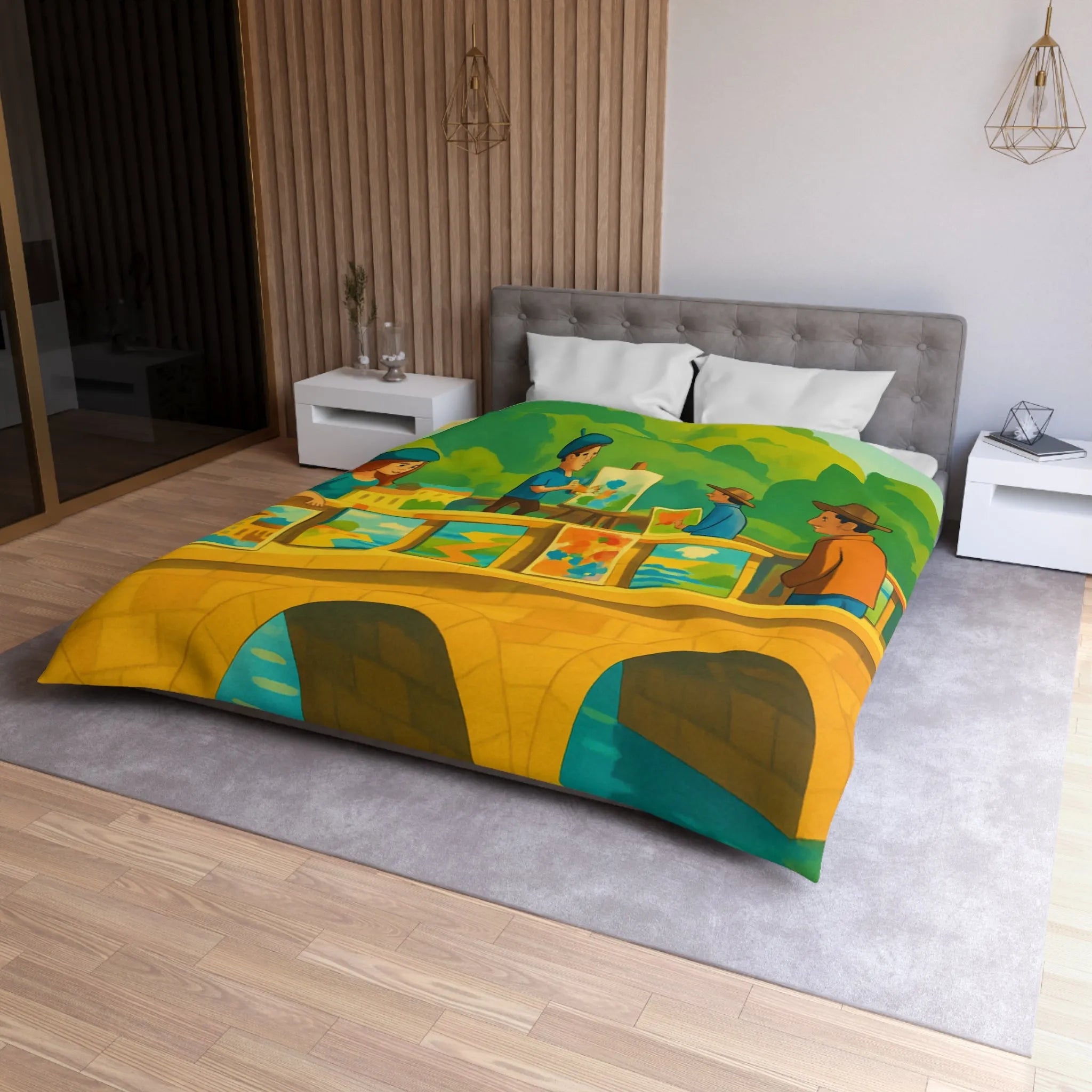 Housse de couette colorée thème pont artistique avec moulins à vent et paysage