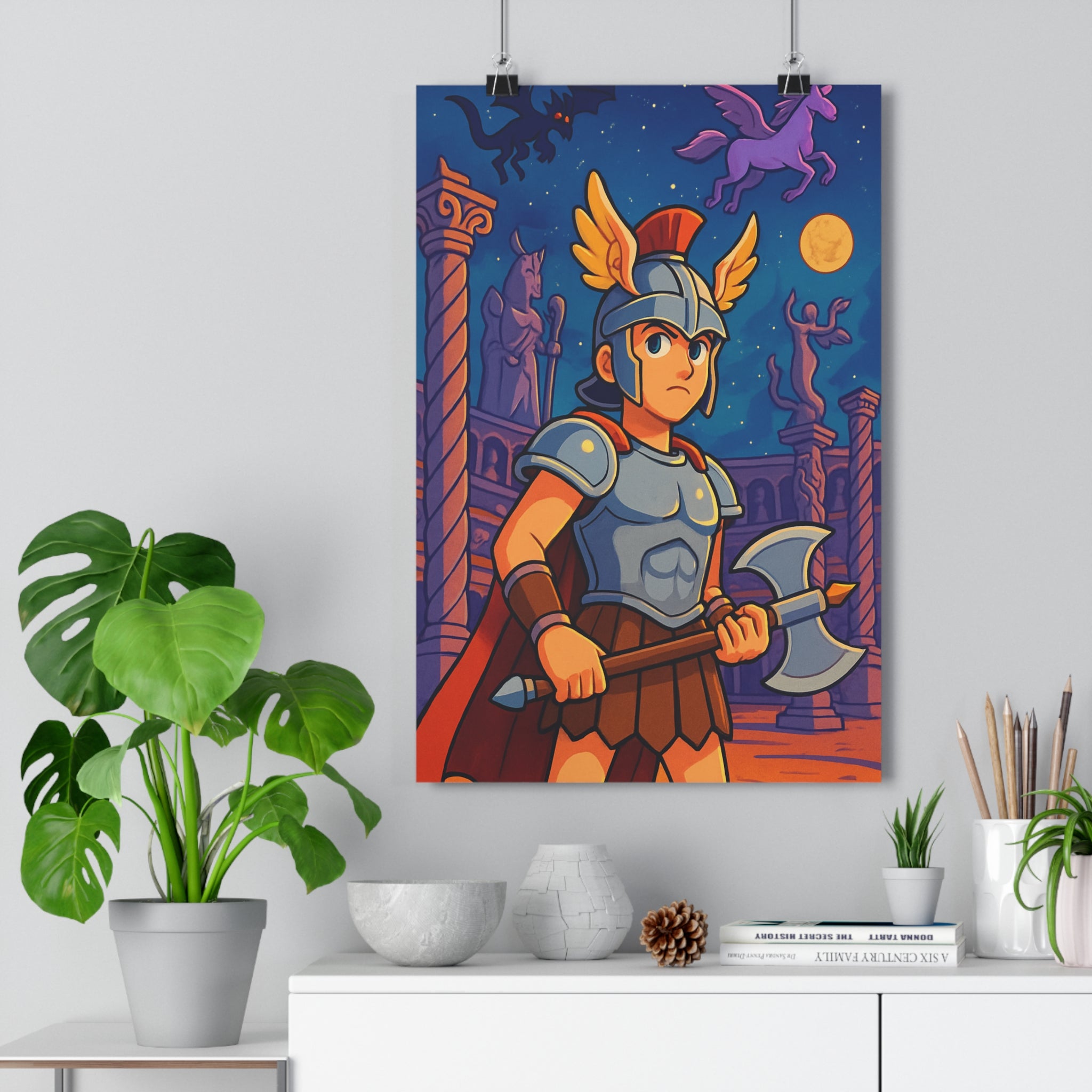 Poster décoratif gladiateur enfant fantasy coloré magique chambre aventure dragon violet noir cartoon qualité