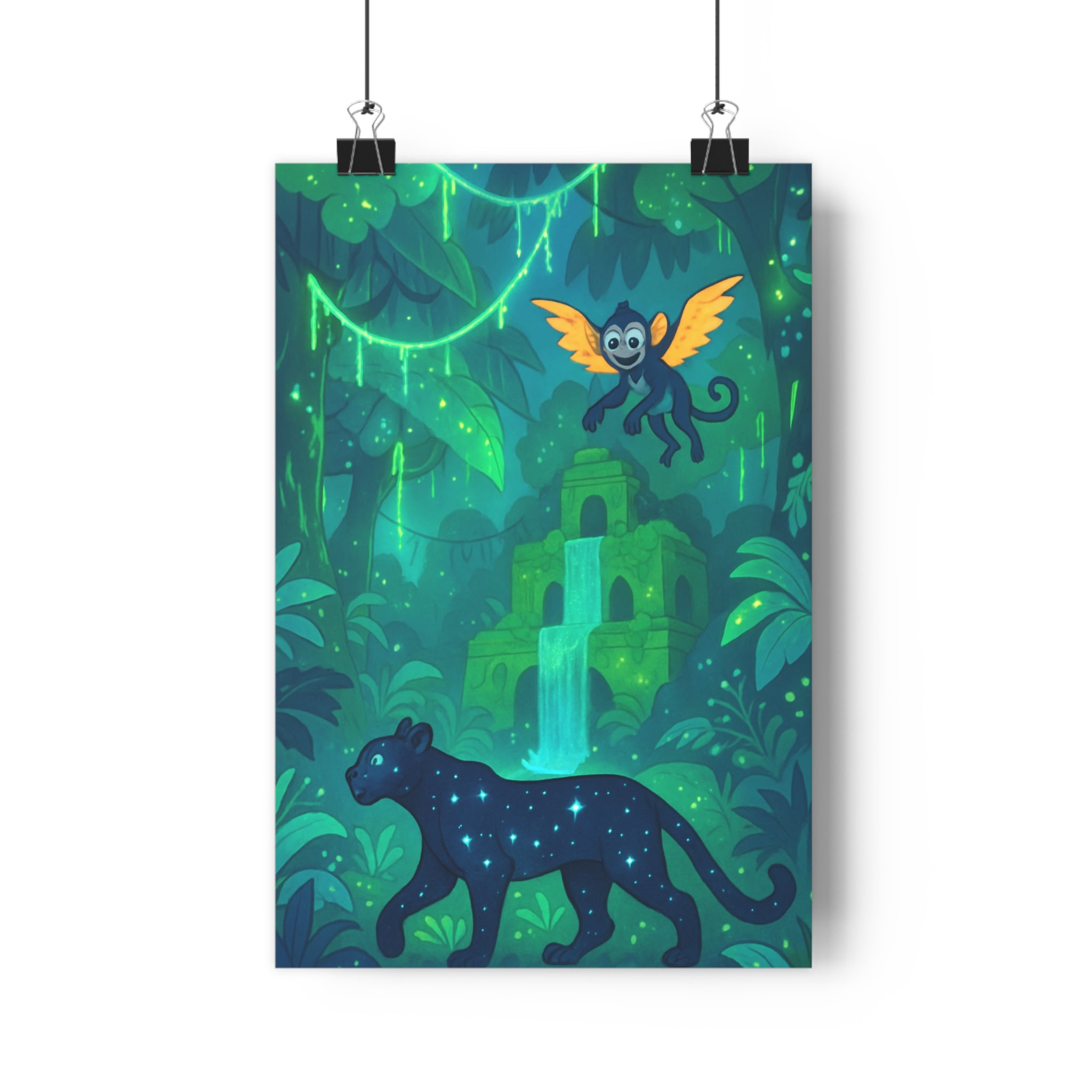 Poster décoratif cartoon jungle exotique émeraude violet salon chambre enfant magique aventure artistique cascade