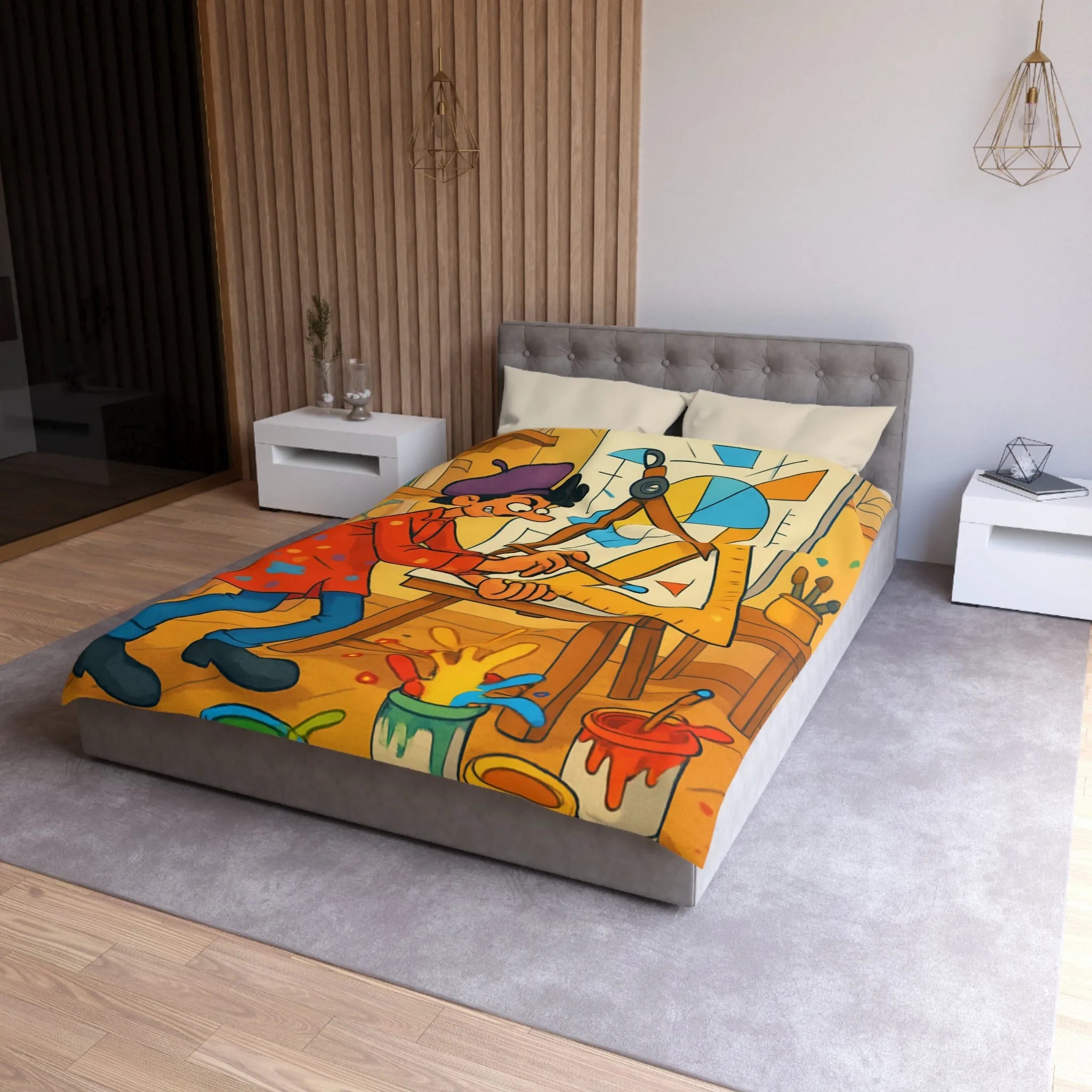 Housse de couette artistique avec motif géométrique et artiste cartoon en atelier coloré