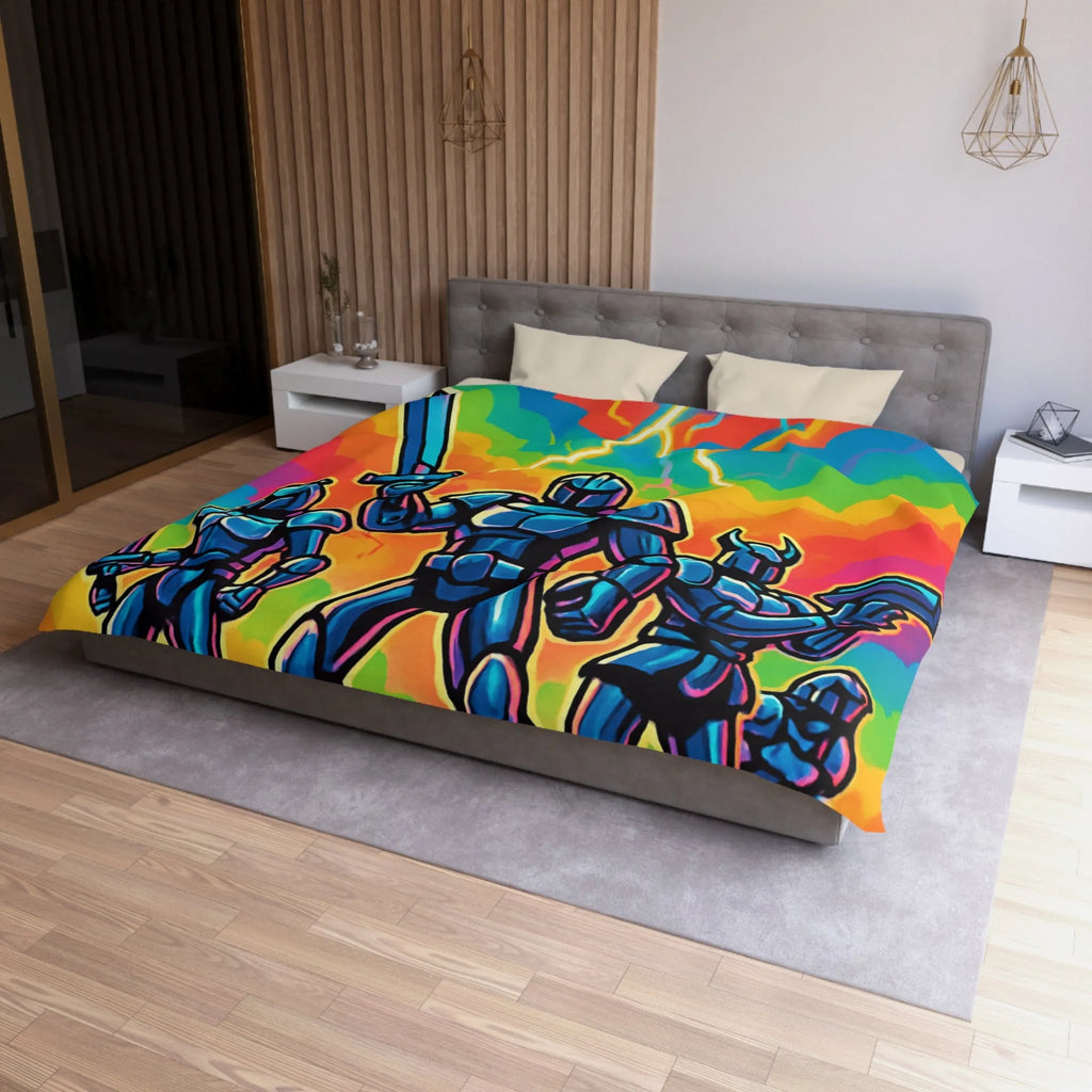 Housse de Couette Chevaliers Futuristes avec Épées et Fond Arc-En-Ciel Électrisant