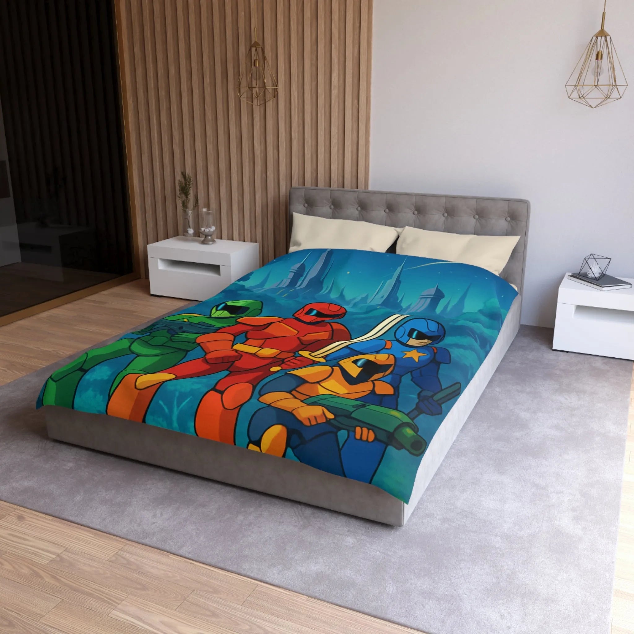 Housse de couette futuriste illustrant héros en armure dans forêt de science-fiction