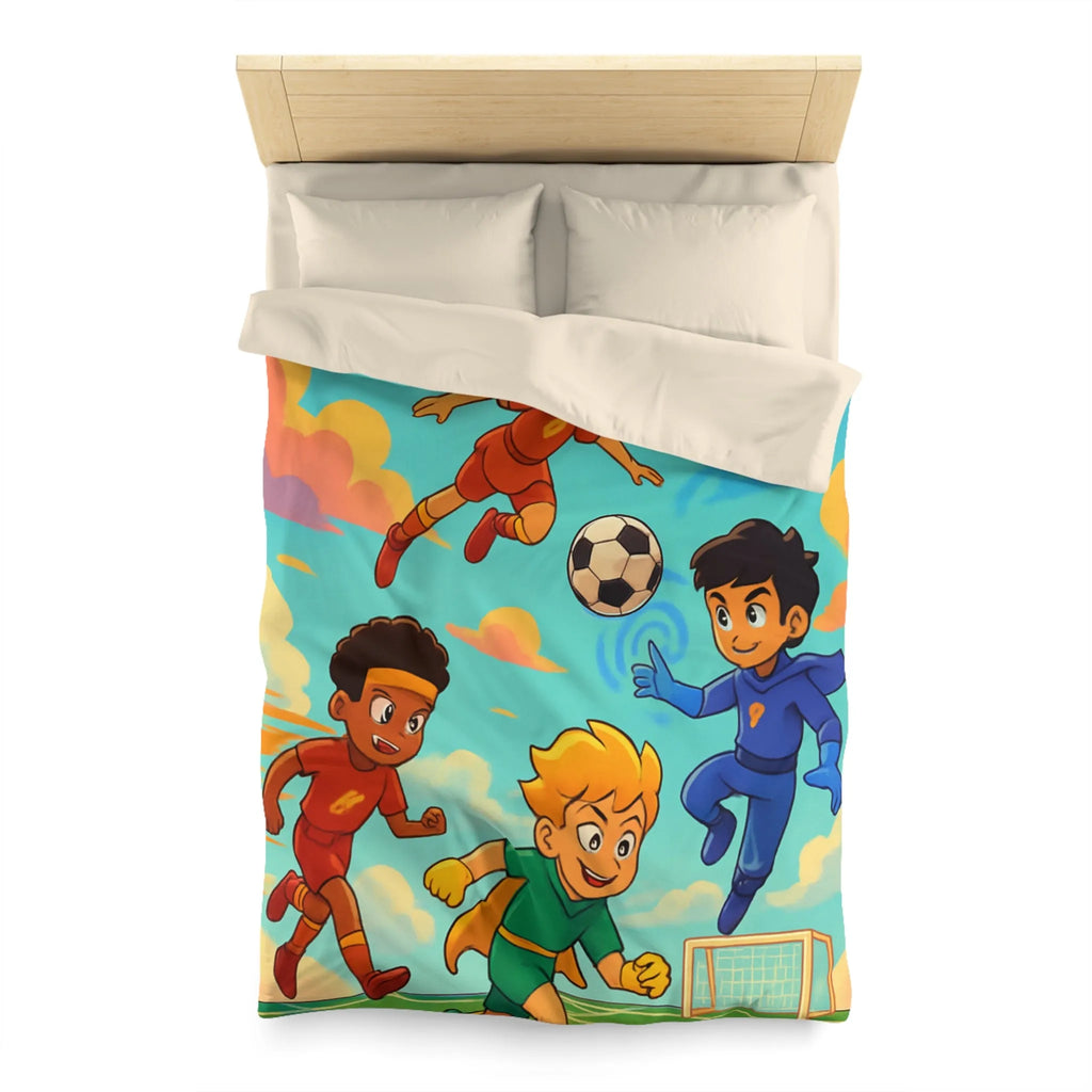 Housse de couette colorée avec enfants jouant au football dans un style cartoon céleste