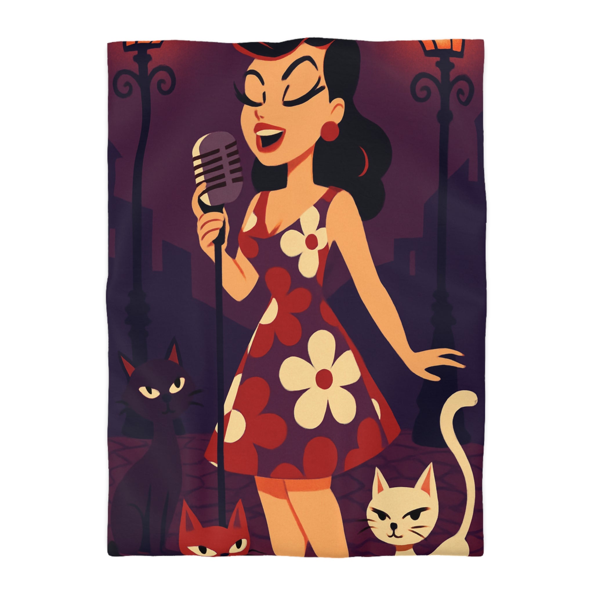 Housse de Couette Vintage avec Chanteuse Rétro et Chats sous Réverbères Nocturnes